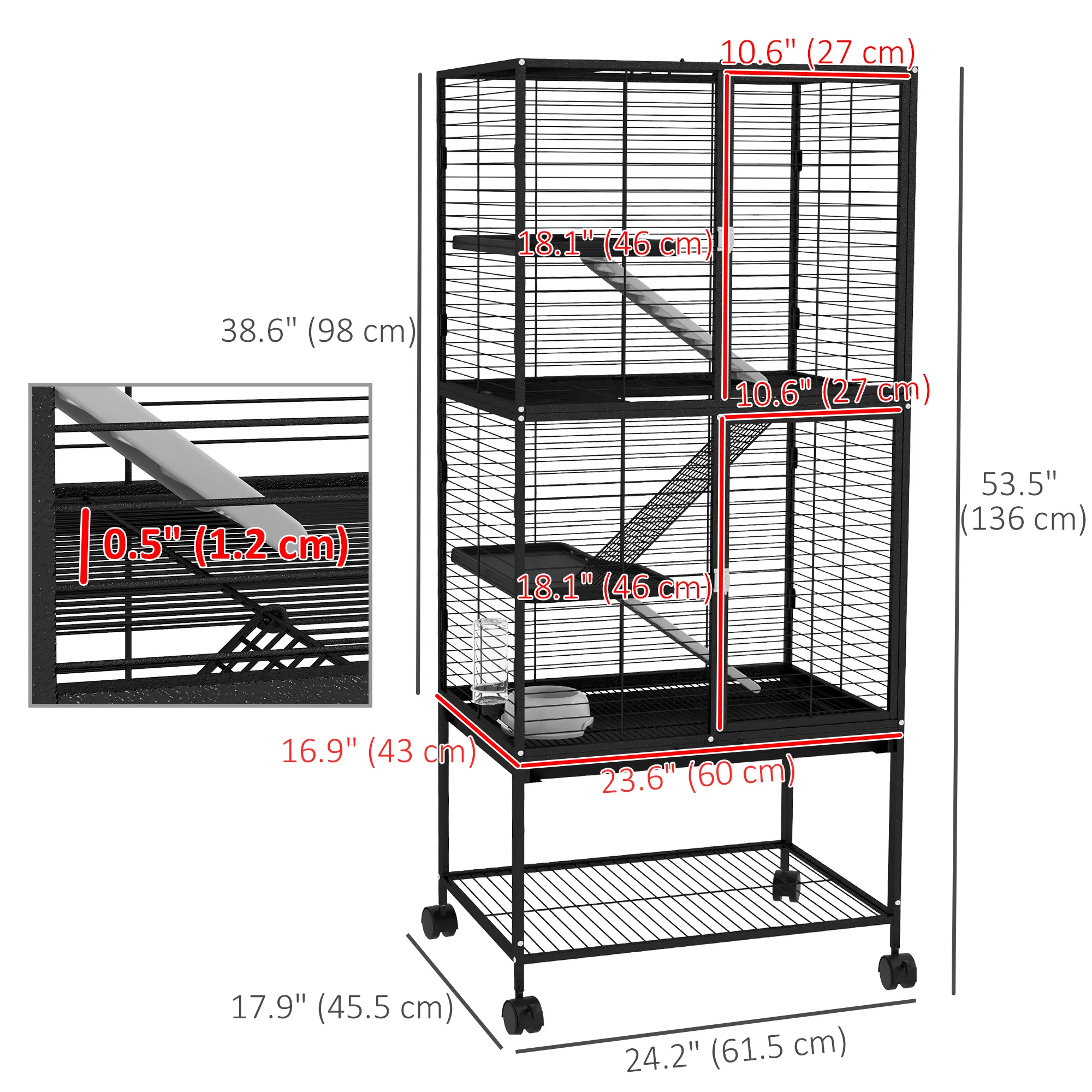 Rolling Small Animal Cage 53.5"H Chinchilla Cage for Ferrets, Squirrels w/ Removable Tray, Storage Shelf, Black — image 3