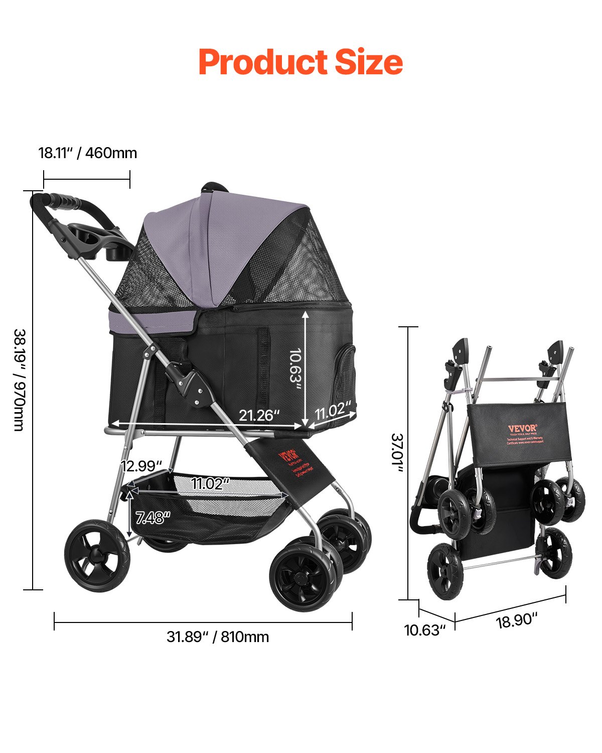 Pet Stroller Foldable 4 Wheels Dog Stroller Detachable Carrier Up To 35lbs — image 5