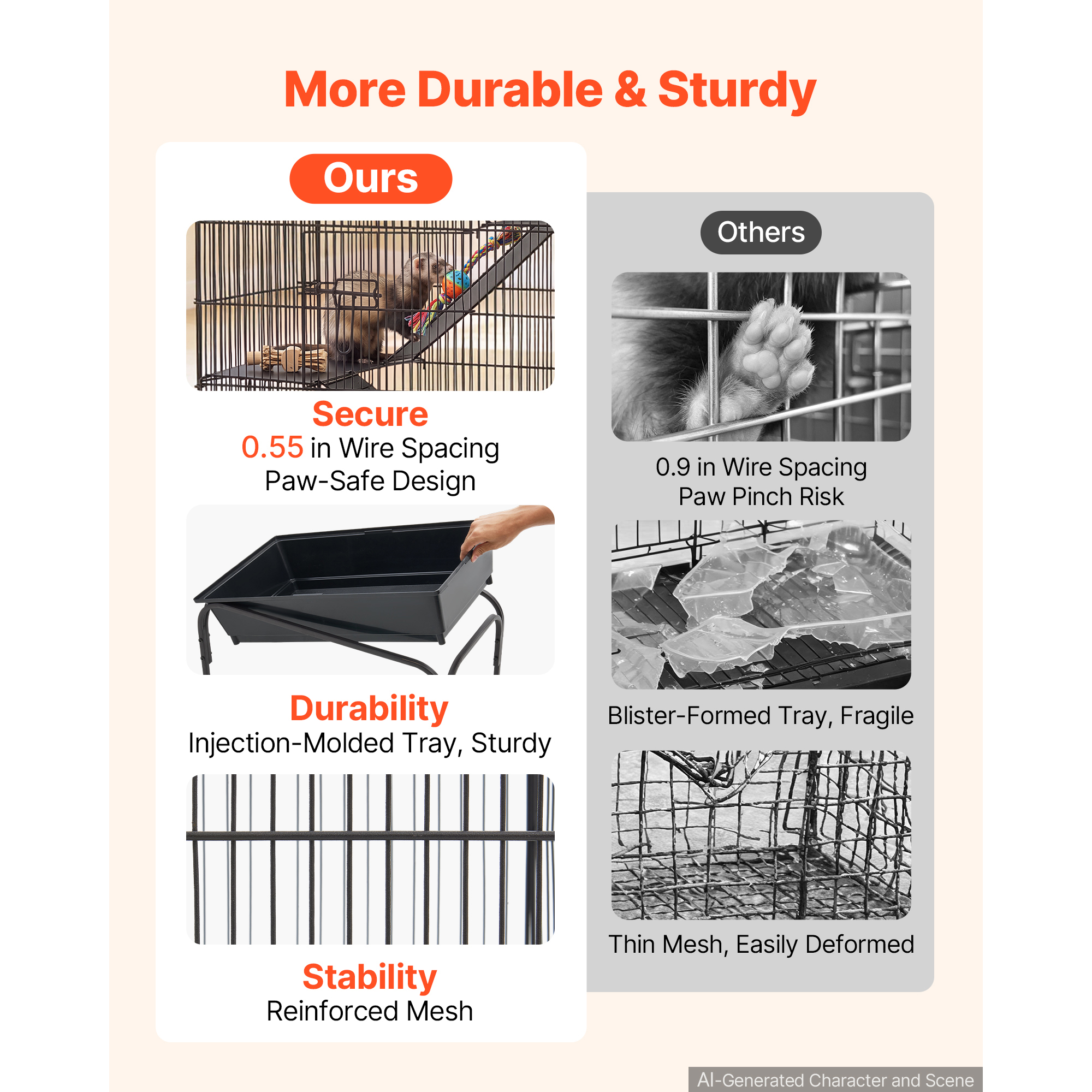 Metal Small Animal Cage 39.8"H 3-Tier Rolling Ferret Cage On Wheels, 0.55" Wire Spacing Large Cages With Hammock, Ramps, Tray & Doors For Ferret, Chinchilla, Sugar Glider, Guinea Pig & Rabbit — image 4