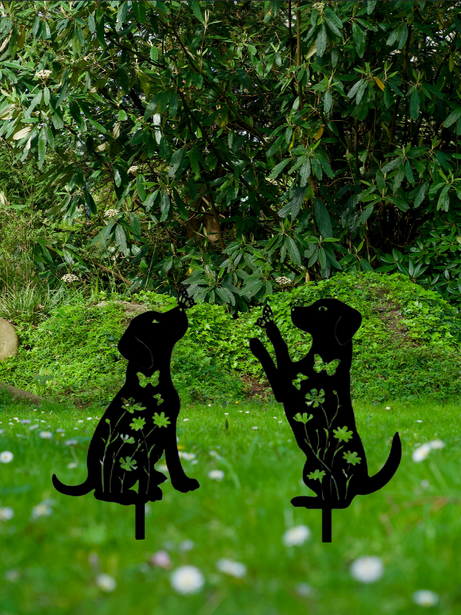 2 decoraciones de jardín de perro metálicas, adorables estacas con silueta de cachorro, decorativas para exteriores — imagen 1