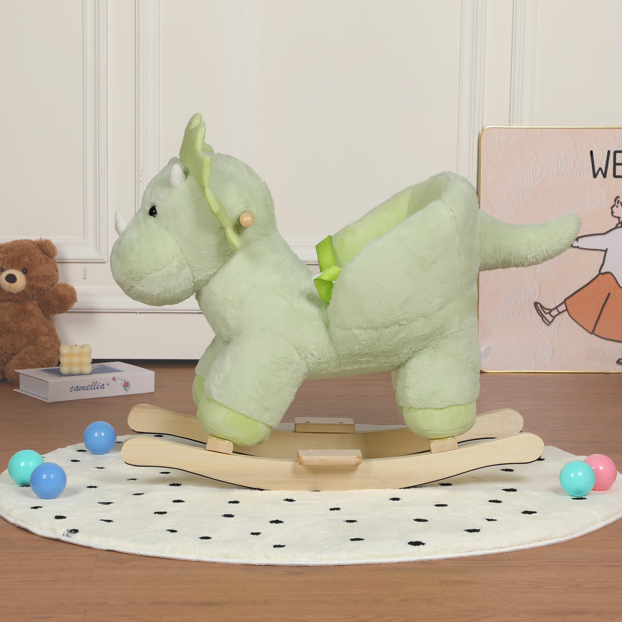 Kids Ride-On Rocking Horse Toy With Lullaby Song, Dinosaur Rocking Toy With Hand Puppets And Safety Belt For Children 1-3 Years, Soft Plush Fabric, Green, CPC Certified — imagen 3