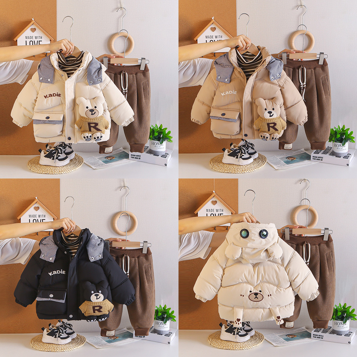 Boys Winter Warm Fleece-Lined 3-Piece Set Bear Pattern Cotton Padded Jacket Outfits Toddler Clothes — image 3