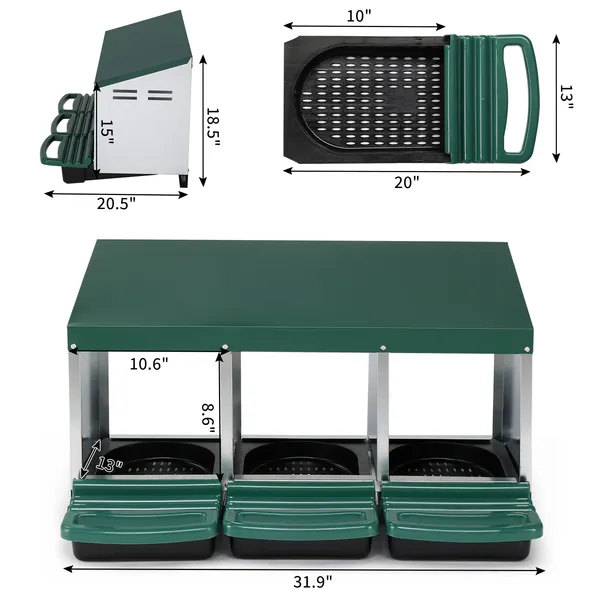 3 Compartment Roll Out Chicken Nesting Box With Plastic Basket, Egg Nest Box Chicken Laying Box Hens Chicken Coop Box, Green — imagen 5