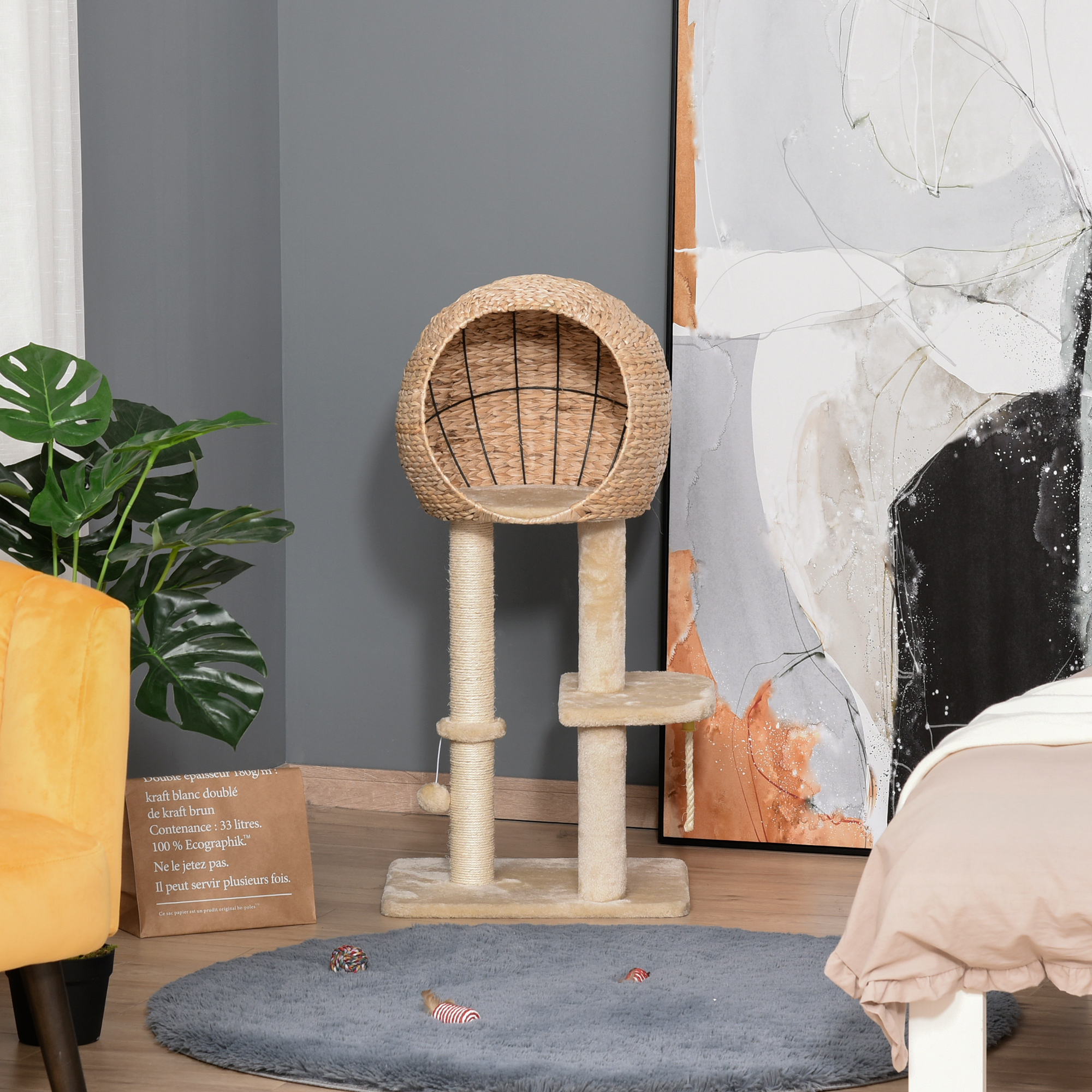 Cat Tree with Sisal Scratching Post Condo and Hanging Rope 39" H, Beige — image 1