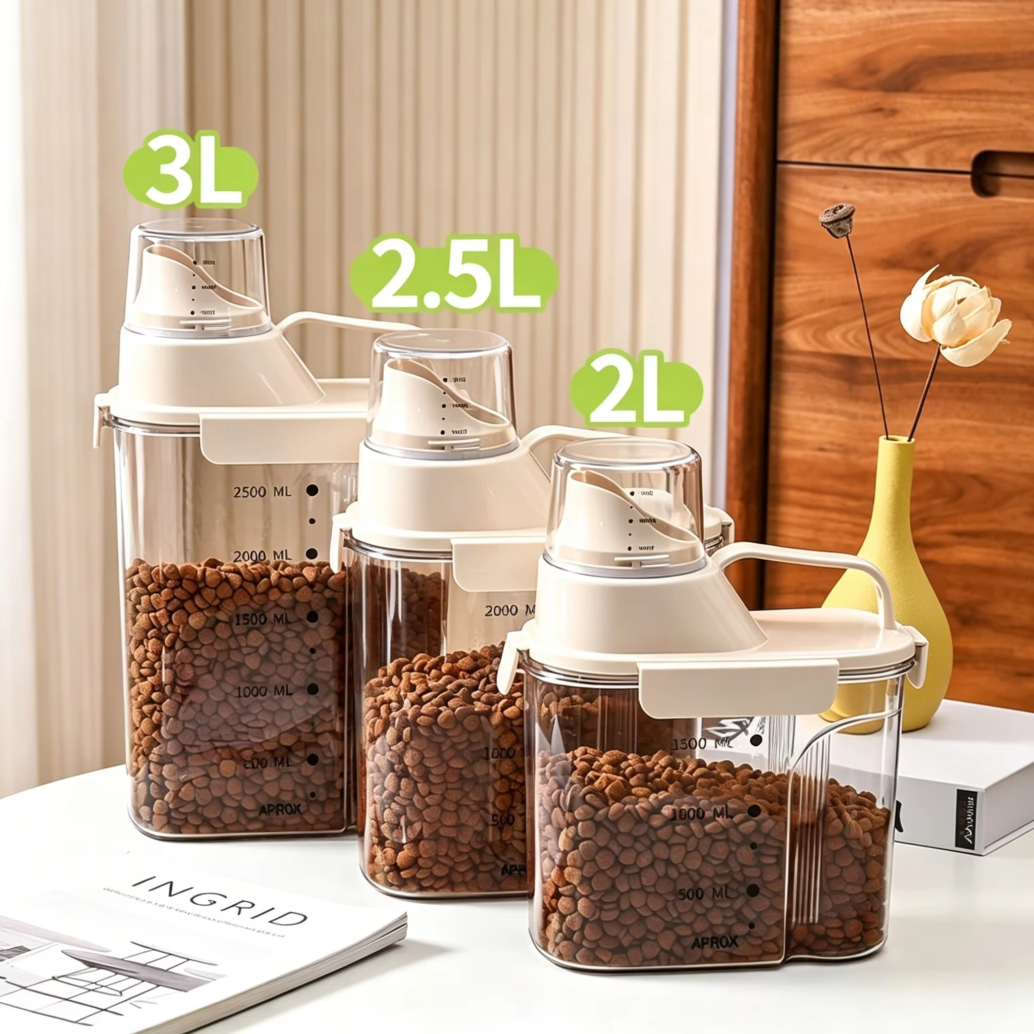2kg/2.5kg/3kg Cats Dogs Food Plastic storage box Built-in measuring cup Moisture-proof For cat food, dog food & pet snacks — image 2
