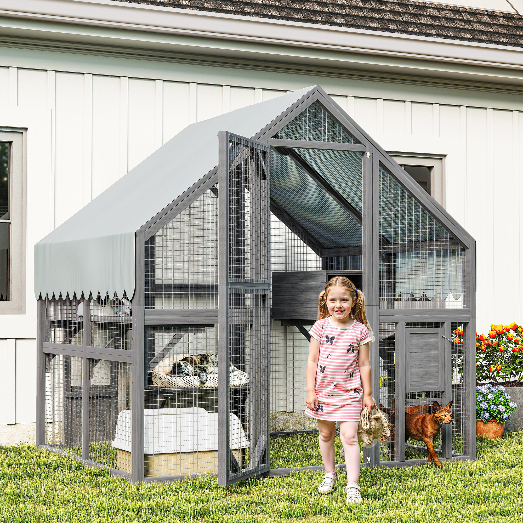 Cat, Large Outdoor Cat Enclosure For Multiple Cats With 2 Platforms, 2 Resting Box And 1 Bridges, Wooden Feral Cats Shelter With Waterproof And UV Proof Canopy, 74.02 X 55.15 X 74.02 Inch — image 1