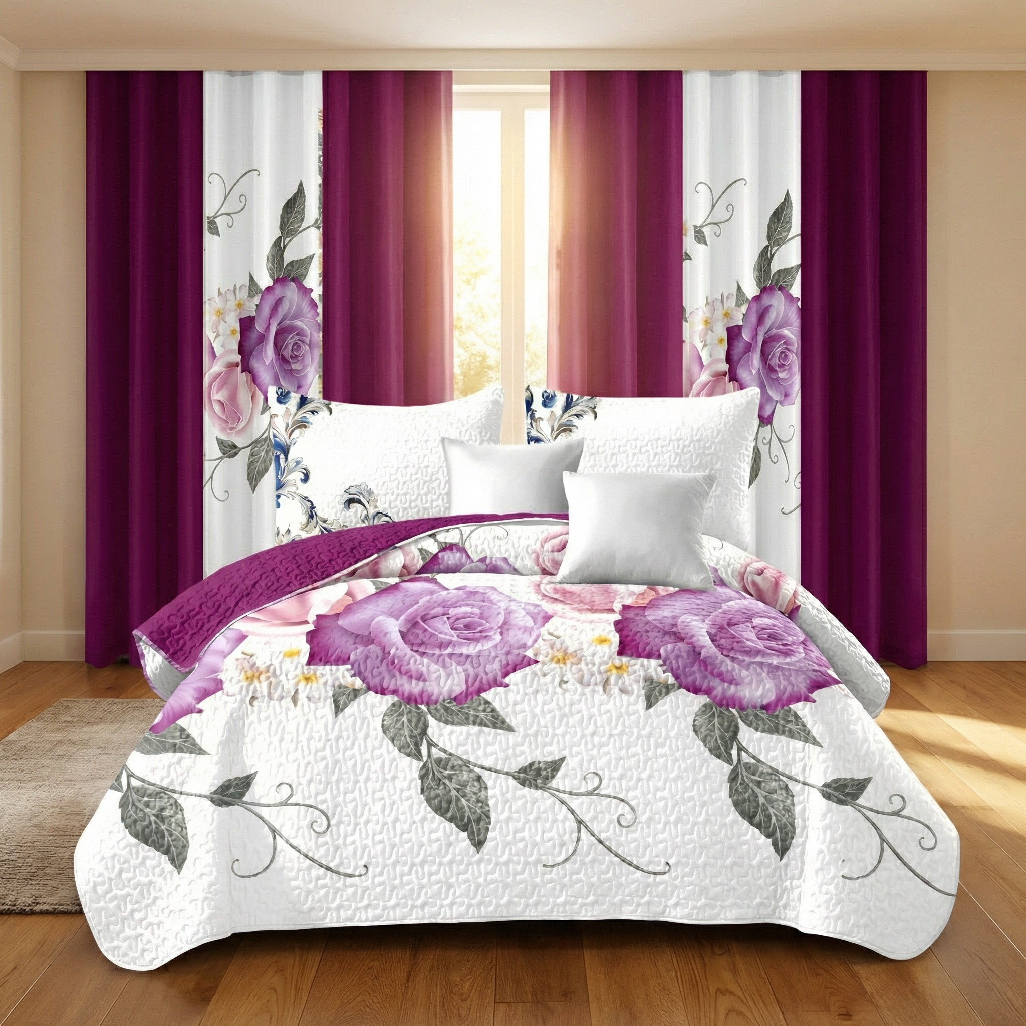 Set de Edredón y Cortinas de 9 Piezas 'Habitación en una Bolsa', Diseño Americano con Estampado Floral de Rosas Magenta y Morado Intenso, Colcha Gruesa con 6 Paneles de Cortina Personalizables, Apto para Mascotas de Alto Gramaje — imagen 15