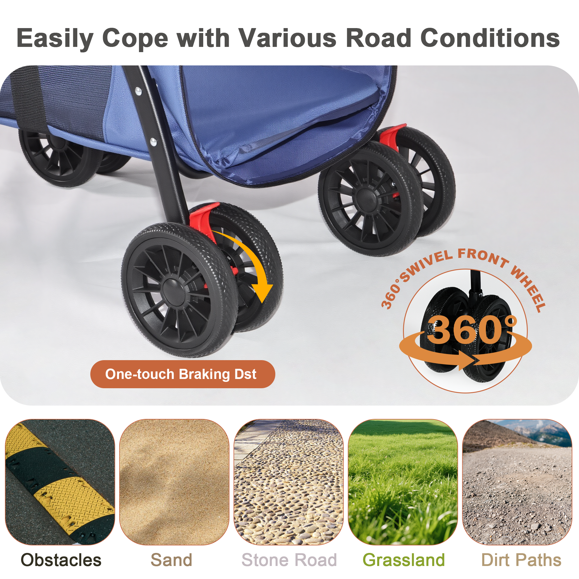 Pet Stroller, Foldable 4-Wheel Design, Breathable Mesh Dog Cat Stroller with Shockproof Wheels, Brake System, Storage Tray, 2 Fixed Safety Leashes, Large Space for Small Medium Pets, Navy Blue — image 8