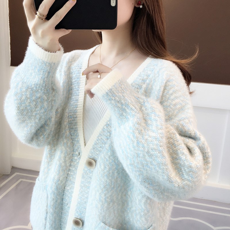Fall New Women's Knit Cardigan Sweater Loose Outerwear Water Rabbit Fur Top Coat — image 15