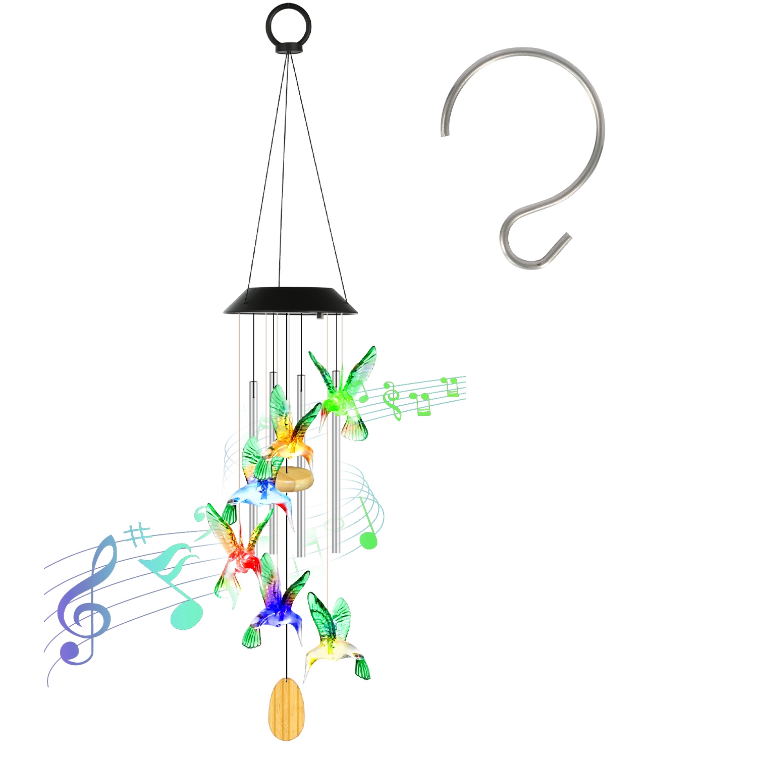 Solar Hummingbird Wind Chime With Aluminum Tubes 7 Color Changing Wind Chime For Outside IPX4 Waterproof Outdoor Garden Yard Decor — image 8