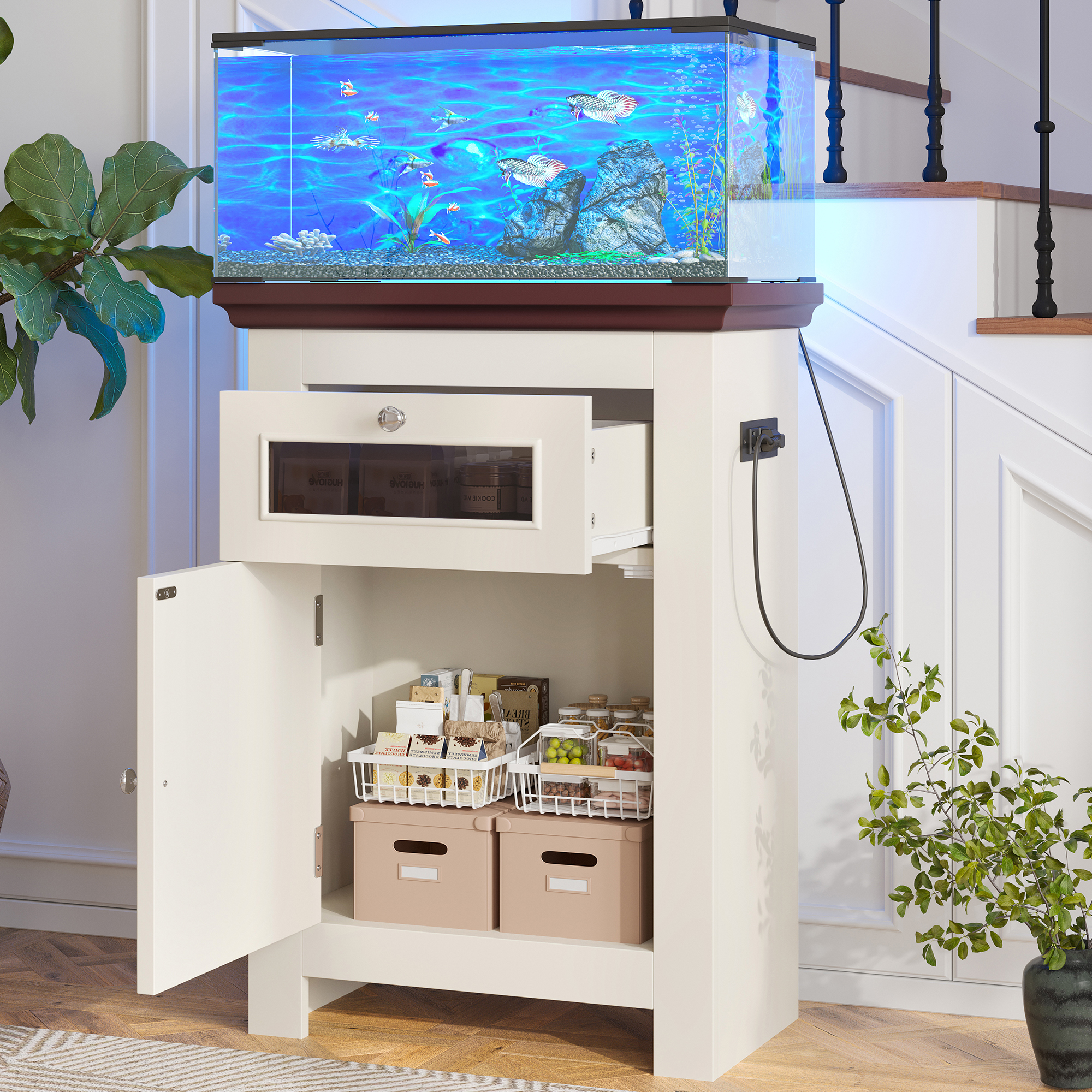 Mueble para Pecera de 10-15 Galones, Base para Acuario con Tomas de Corriente, Capacidad de 198LBS, Mesa para Pecera con Gabinete de Almacenamiento y Cajón, Mesa para Acuario o Terrario de Reptiles — imagen 1