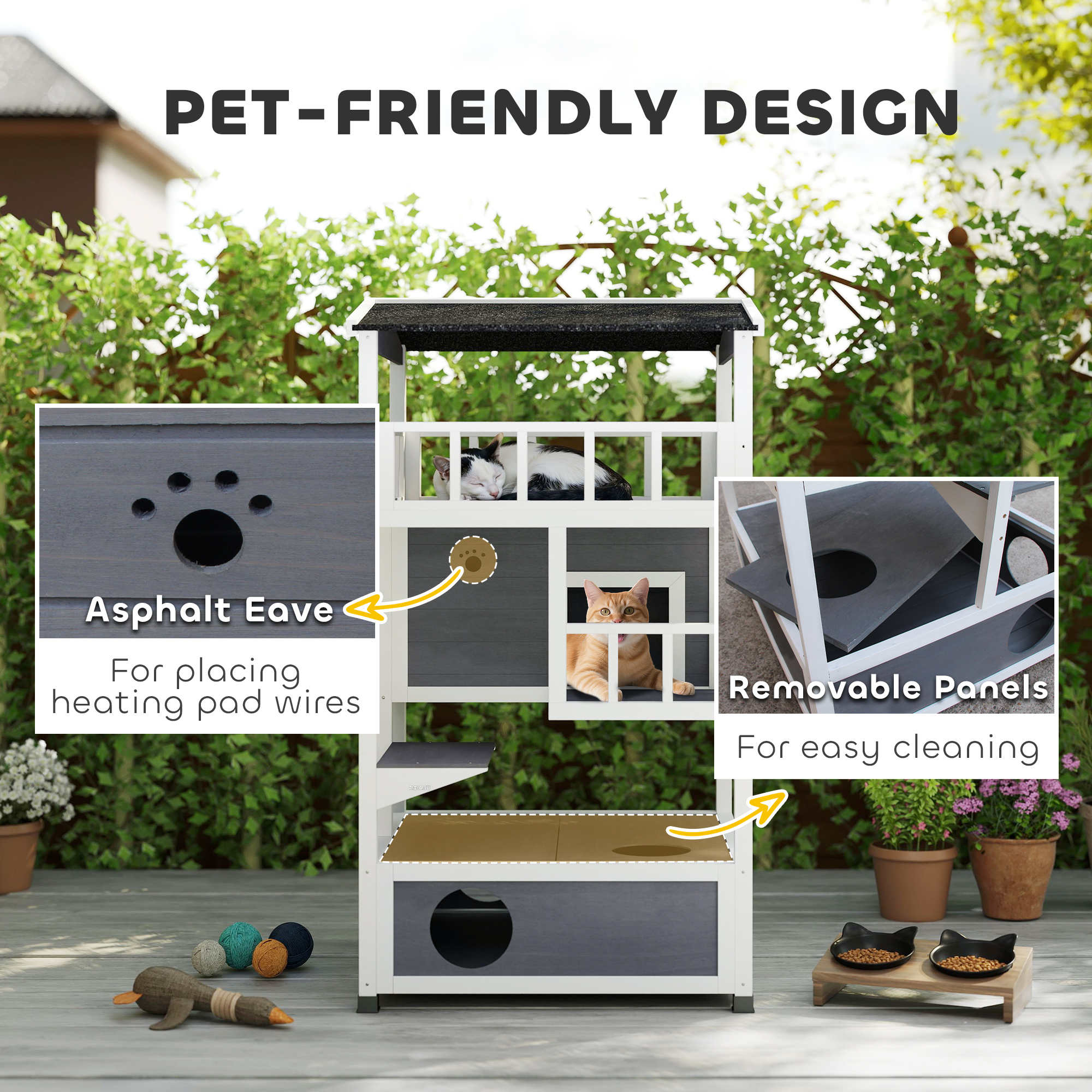 Wooden Outdoor Cat House, Feral Cat Shelter Kitten Condo with Asphalt Roof, Escape Doors, Condo, Jumping Platform, Gray — imagen 2