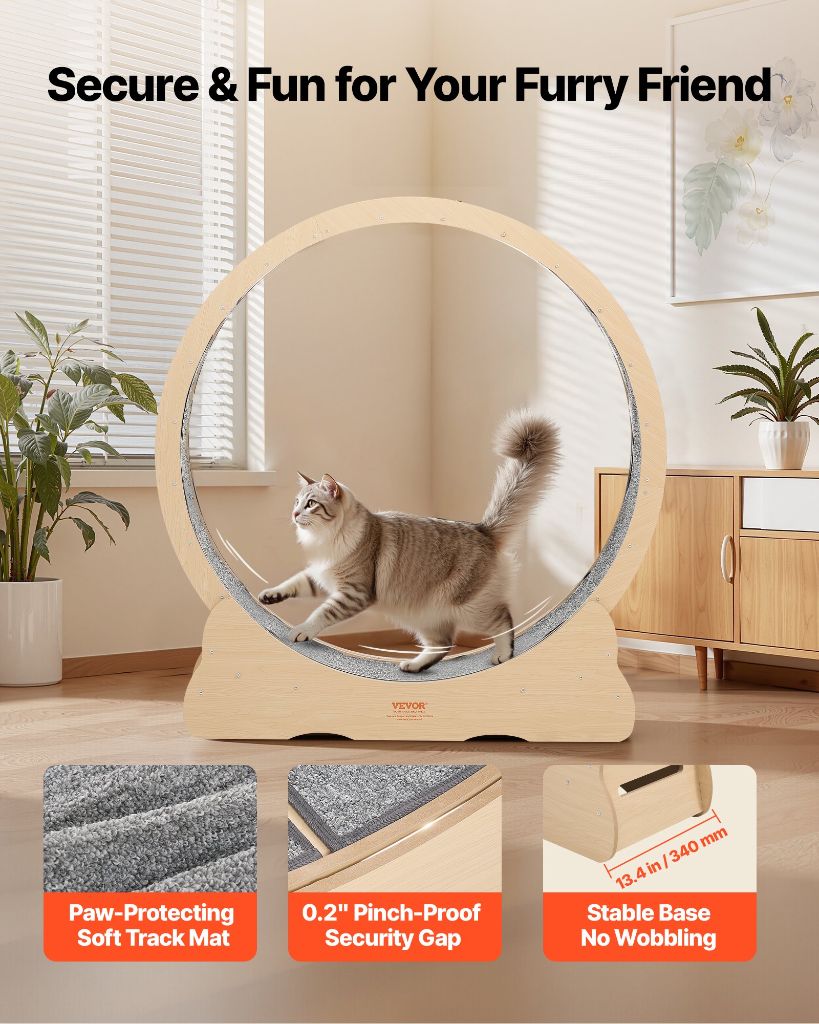 Cat Exercise Wheel, 48 In Wooden Cat Running Wheel For Indoor Cats Up To 28 Lbs, Cats Treadmill With Carpeted Runway & Locking Mechanism, Quiet Roller Kitten Sport Toys For Pets Fitness & Health — image 2