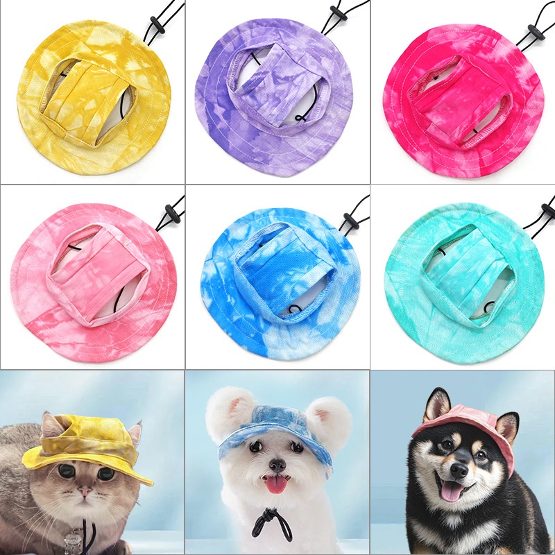 Pet hat with leaky ears cotton tie dye cat dog fisherman hat anti fall lace up sun hat — image 3