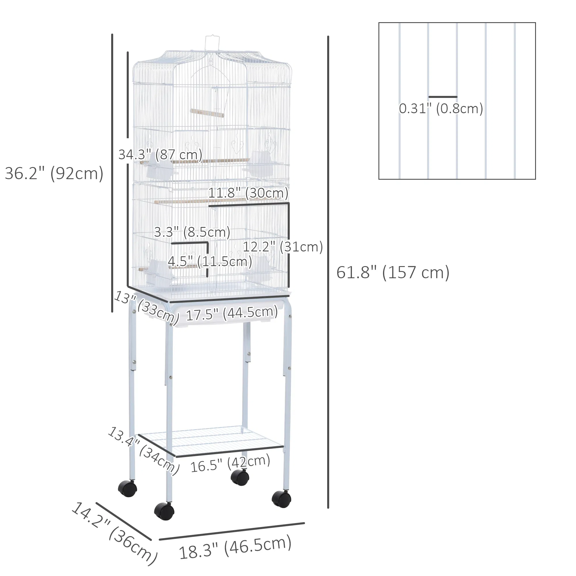 62" Rolling Bird Cage Cockatoo House Play Top Finch Pet Supply with Storage Shelf, Wheels - White — image 2