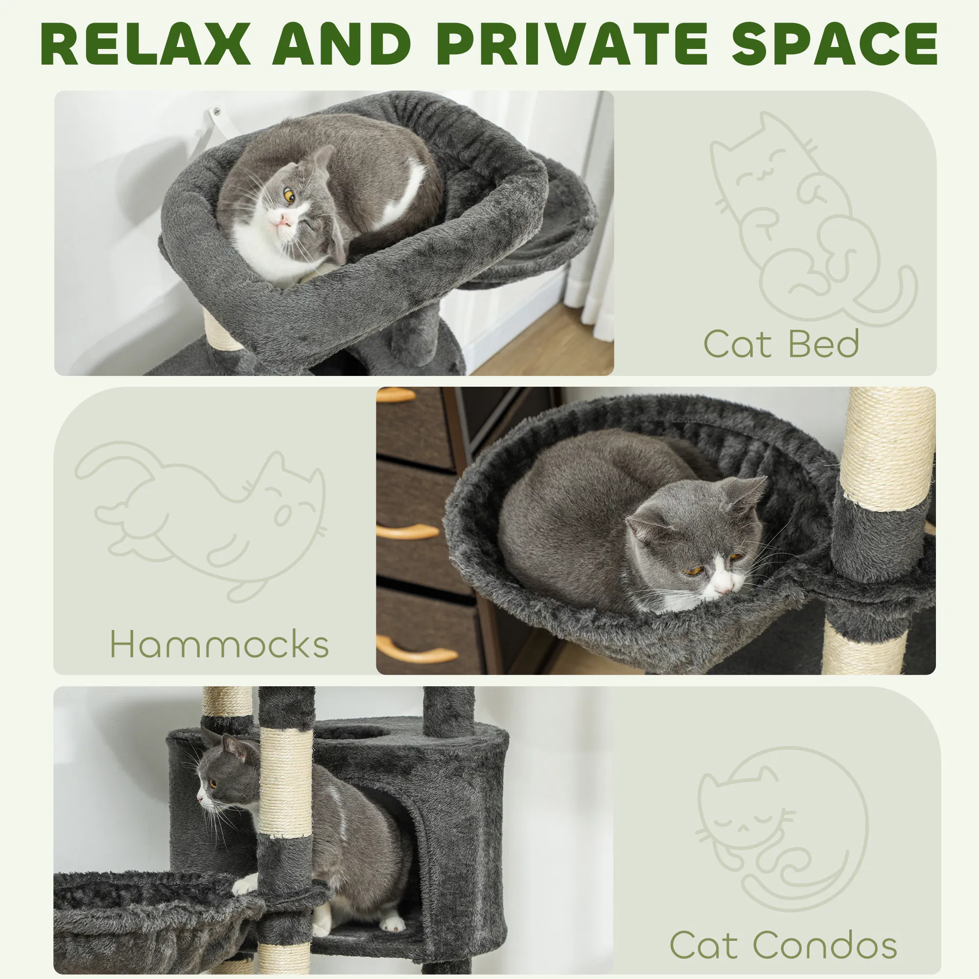 52.5" Cat Tree Tower with Scratching Posts, Cat Condos, Bed, Platforms, Hammocks, for Indoor Cats, Dark Grey — image 6