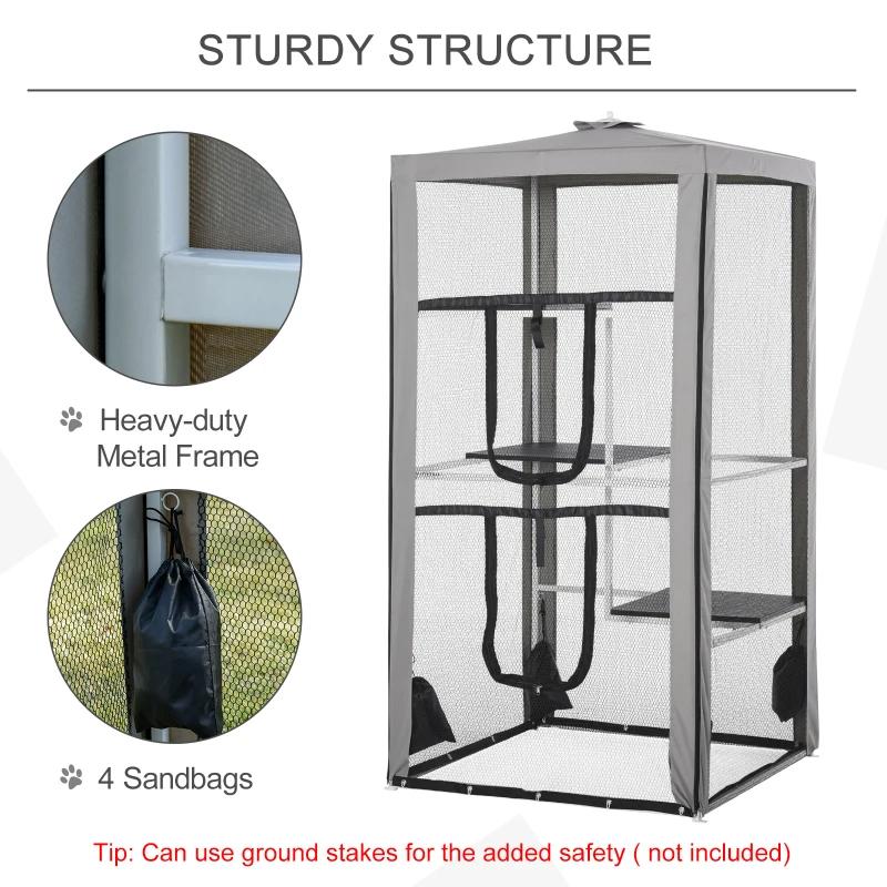 Cat House Kitten Enclosure Mesh Playpen Steel Frame With 3 Platforms, 2 Doors And 4 Sandbags For Stability, IndoorOutdoor — image 12
