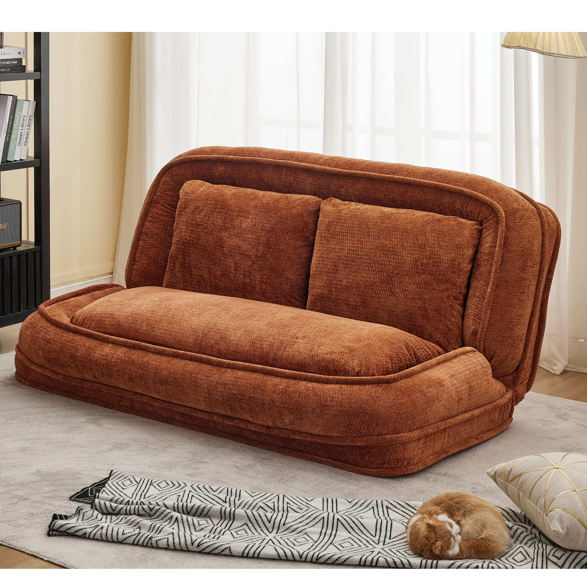 Silla de descanso doble para perros, Sofá relajante, Silla de amor, Adecuada para ti y tus mascotas, Couch de piso extra grande, Puedes sentarte o acostarte, 2 en 1, 5 posiciones ajustables, Almohada rellena, 2 asientos, Chenille naranja — imagen 8