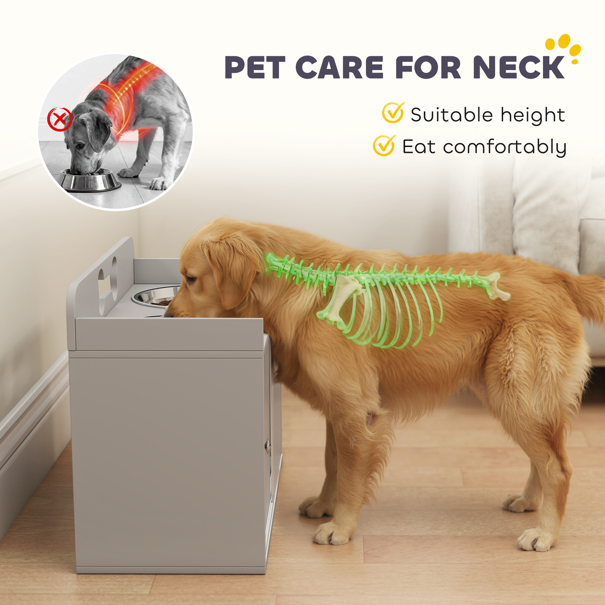 Comedor para Perros Elevado con Almacenamiento, Soporte de Tazas para Perros Grandes con 2 Tazas Inoxidable en Gris — imagen 3
