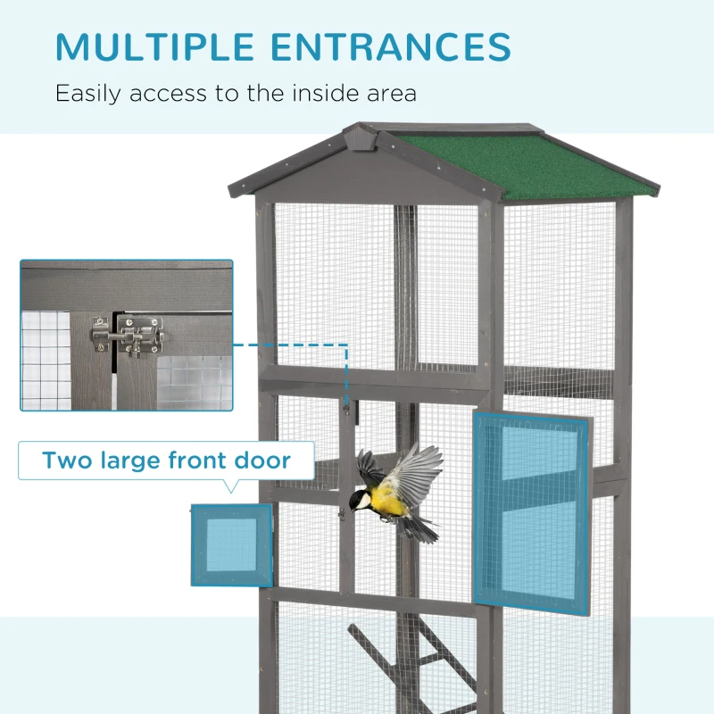 Wooden Bird Cage Outdoor Aviary House For Parrot, Parakeet, With Pull Out Tray And 2 Doors, Grey — imagen 7