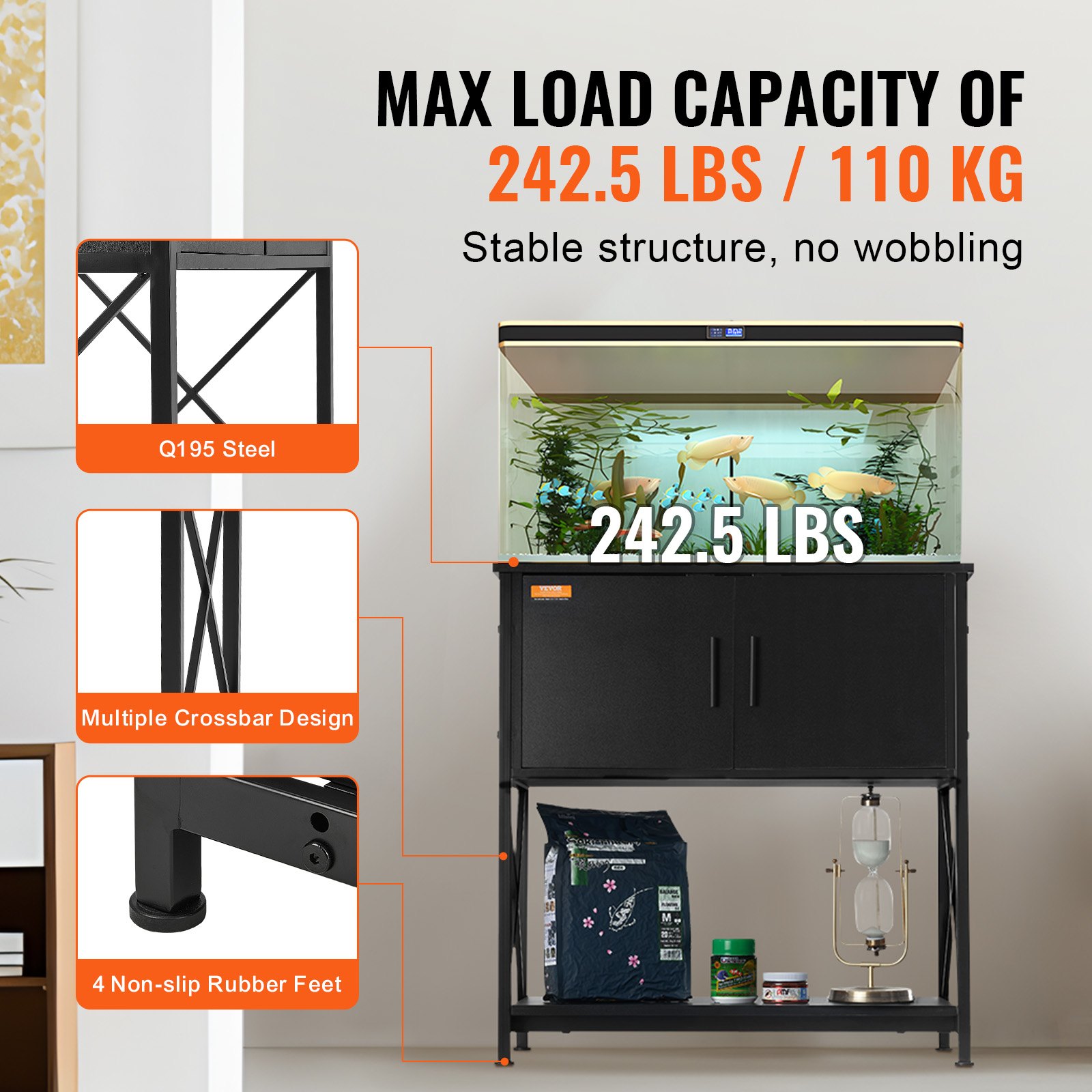 Mueble para Acuario, Soporte para Pecera de 29 Galones, 28.7 X 16.5 X 30 In, de Acero y MDF, para Tanque de Tortugas, Capacidad de Carga de 242.5 Lbs, Mueble para Terrario de Reptiles con Gabinete de Almacenamiento y Panel Eléctrico Integrado, Negro — imagen 2