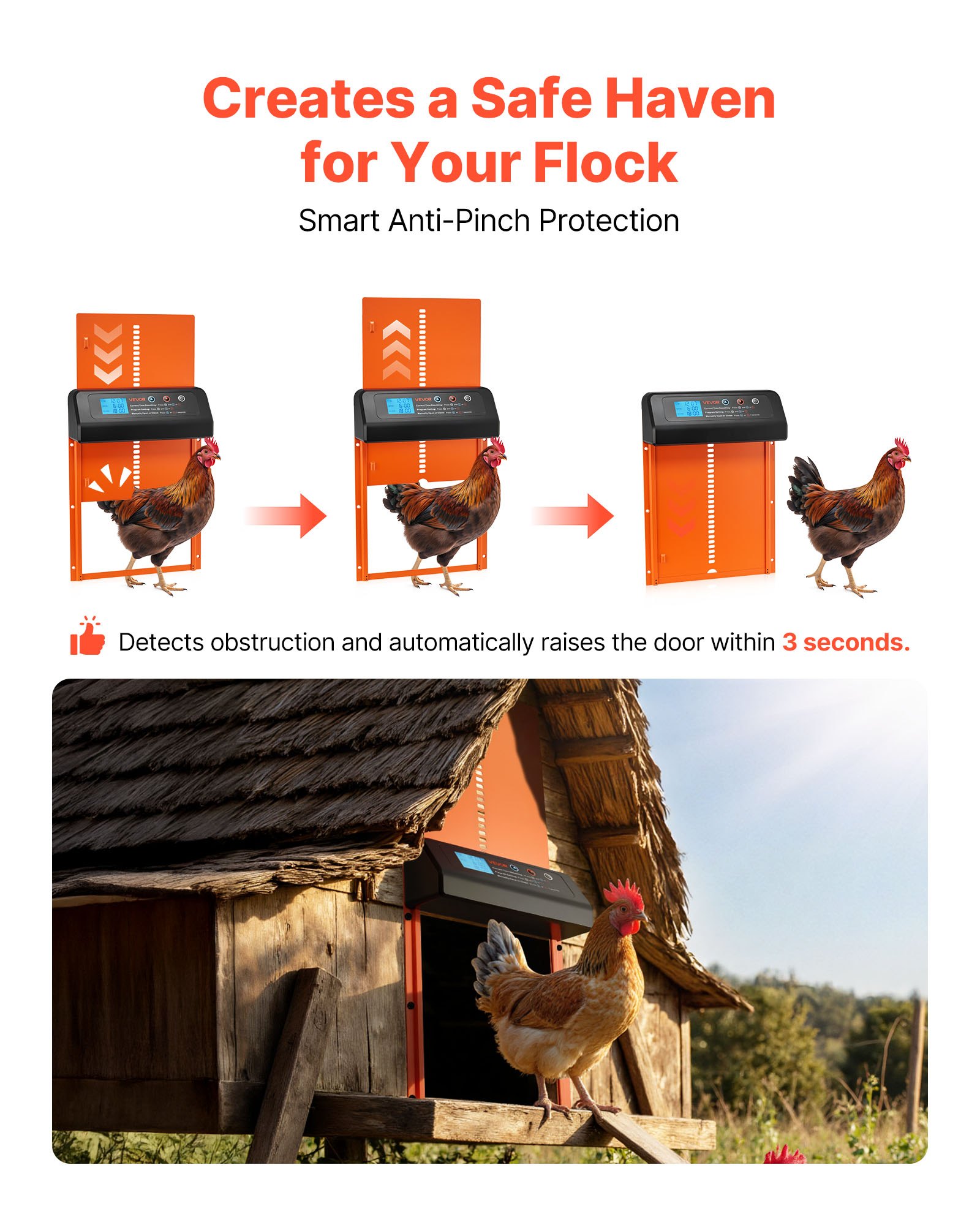 Automatic Chicken Coop Door, Battery Powered Chicken Coop Door With Timer & Manual Setting, Anti-Pinch Security, Durable Aluminum Alloy, Chick Run Gate Opener With Waterproof Sealing, Orange — imagen 4