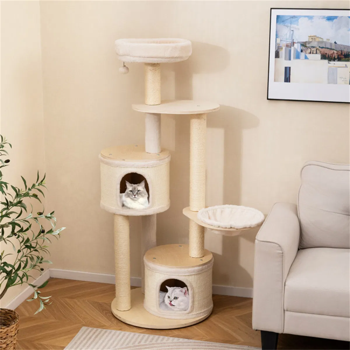 Tall Wooden Cat Tree Multi-Level Cat Tower with Sisal Scratching Posts & Condos for Indoor Cats, Natural — image 5