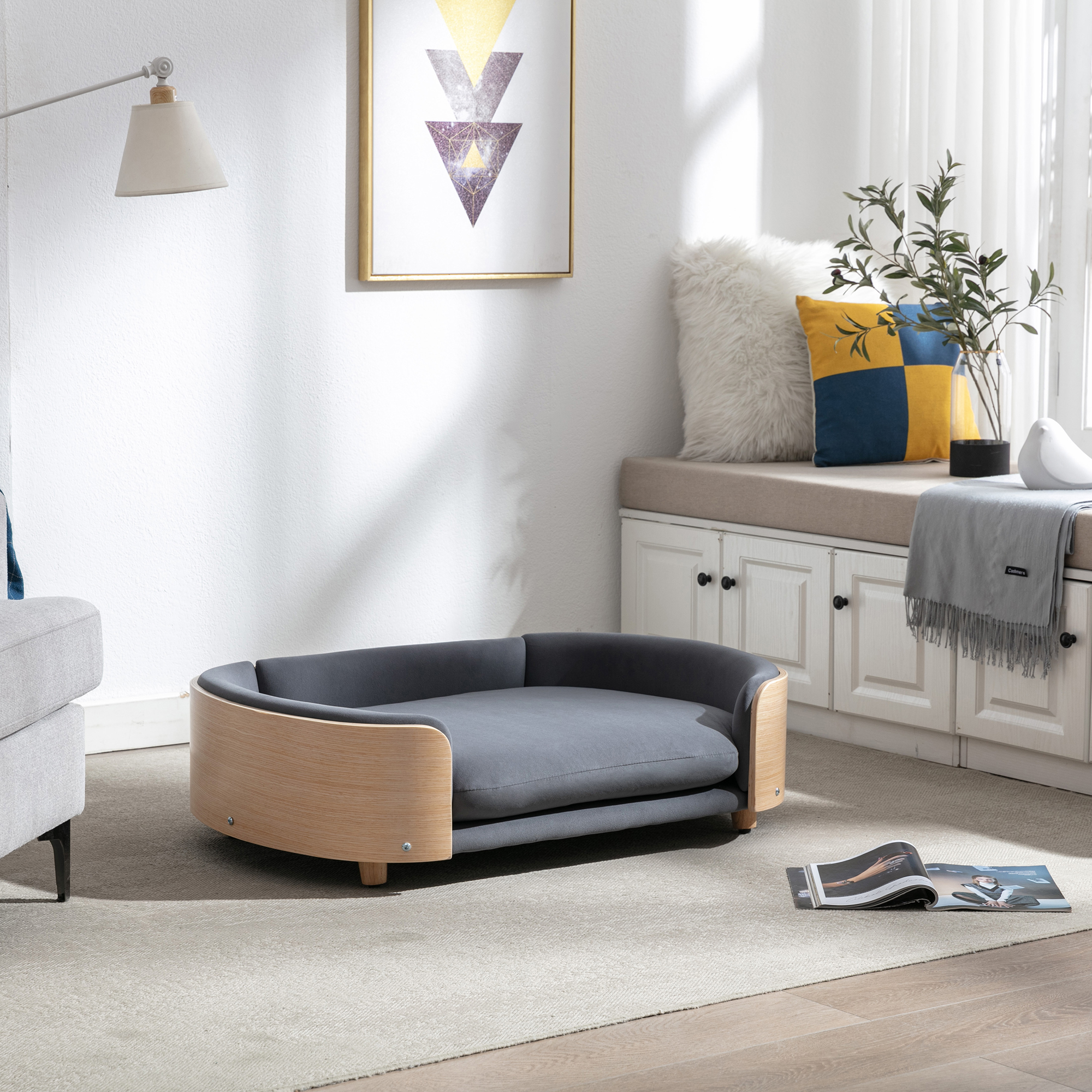 Scandinavian style Elevated Dog Bed Pet Sofa With Solid Wood legs and Bent Wood Back, Velvet Cushion, Large Size — image 3