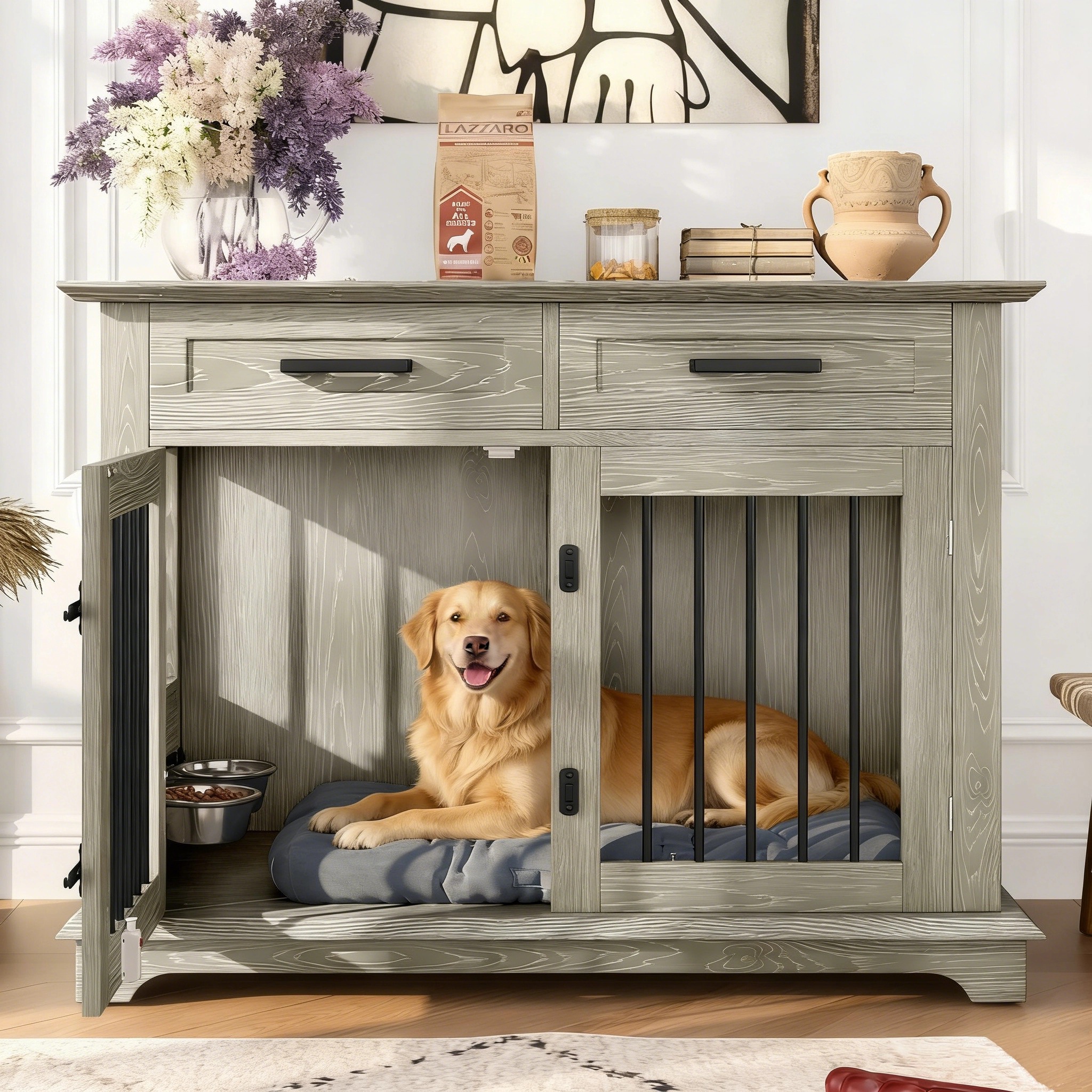 Jaula-Mueble Grande para Perro de 44.48", Caseta de Madera Interior para Perro, Mesa Auxiliar con 2 Gavetas de Almacenamiento y Tazones Giratorios, Jaula Decorativa para Perros Medianos, Gris — imagen 1