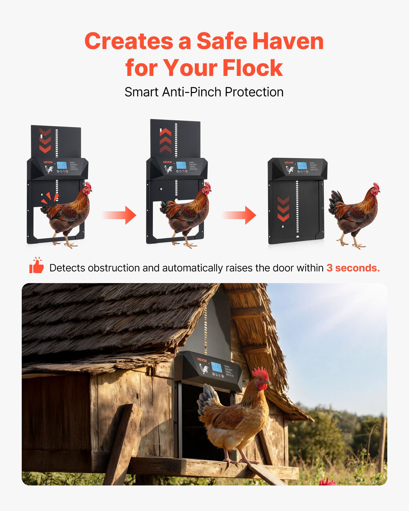 Puerta Automática de Gallinero con LCD, Sensor de Luz, Cronómetro y Configuración Manual, Protección Antipinchazo, Aliado de Aluminio Durable para Granja — imagen 3