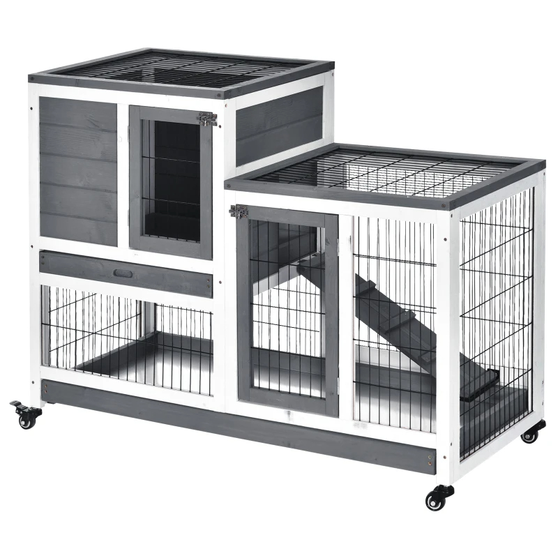 Wooden Rabbit Hutch Elevated Bunny Cage Indoor Small Animal Habitat With Enclosed Run With Wheels, Ramp, Removable Tray For Rabbits, Chickens, Ducks, Guinea Pigs, Gray — imagen 5