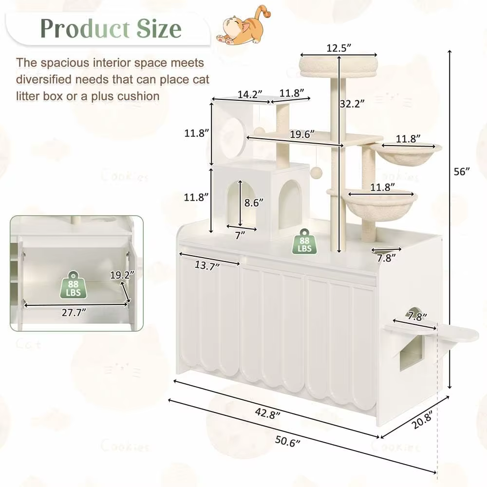 50.6" Cat Tree with Litter Box Enclosure, Cat Tower with Sisal Scratching Post and Storage Space, Modern Cat Condo with House, H — image 2