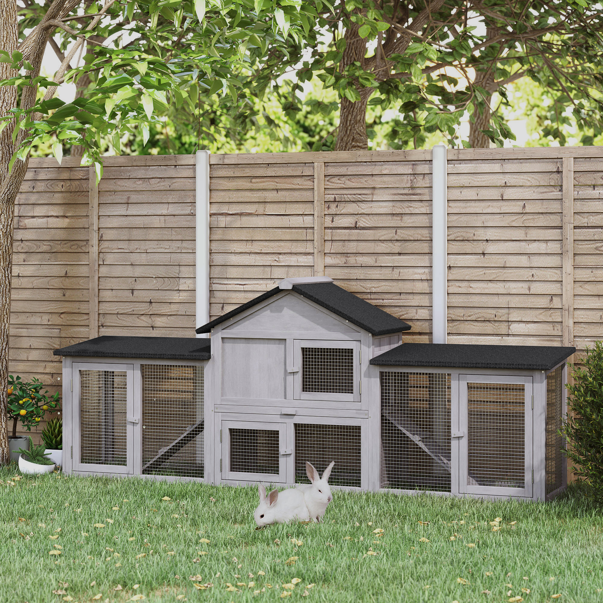 Outdoor Rabbit House 83" 2 Story Deluxe XL Wooden Rabbit Hutch Big Bunny Cage w/ Ladder and Run, Gray — image 1
