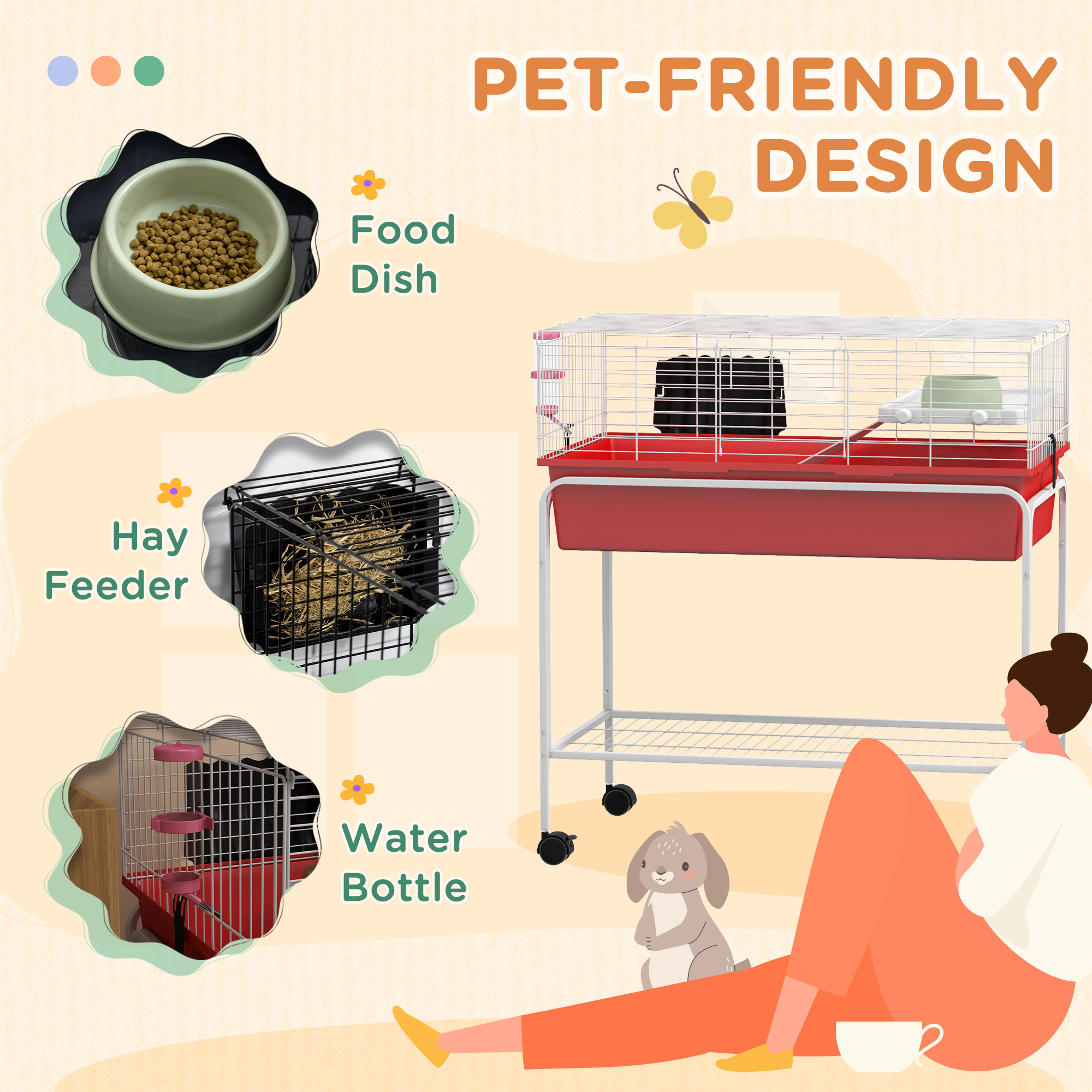 Two-Story Small Animal Cage Removable from Stand, Pet Habitat with Shelf & Wheels, 33" x 18.5" x 35", Red — imagen 6