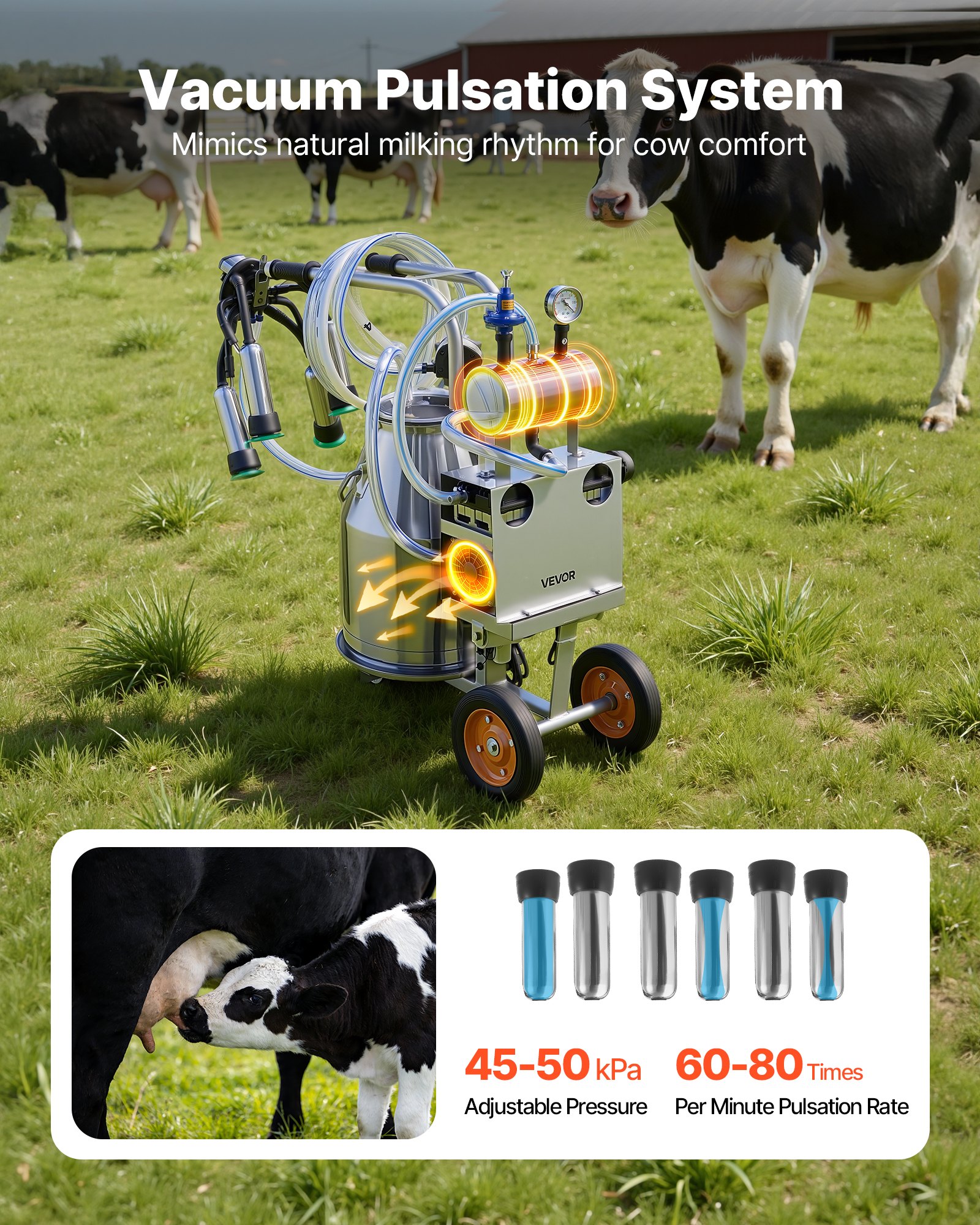 Electric Cow Milking Machine, 6.6 Gal / 25 L 304 Stainless Steel Bucket, Food-Grade Teat Cups And Silicone Hose, Strong Suction, Vacuum Pulsation, Electric Milker Machine With Wheels For Cow — image 2