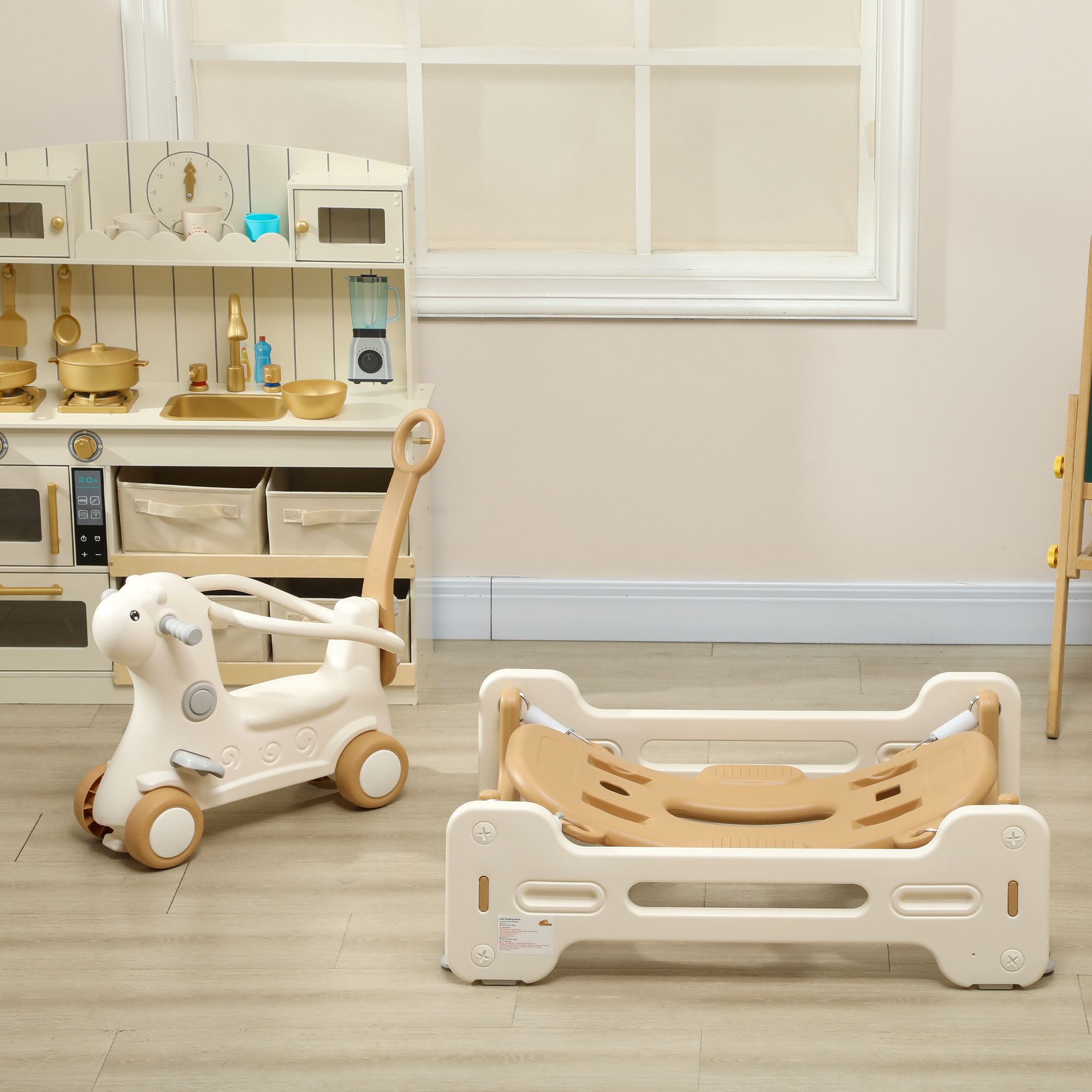 Caballito Mecedor Infantil 5 en 1 con Base Desmontable, Barandas de Seguridad, Reposapiés y Manija Empujadora, para Edades de 1 a 3 Años, Café — imagen 4