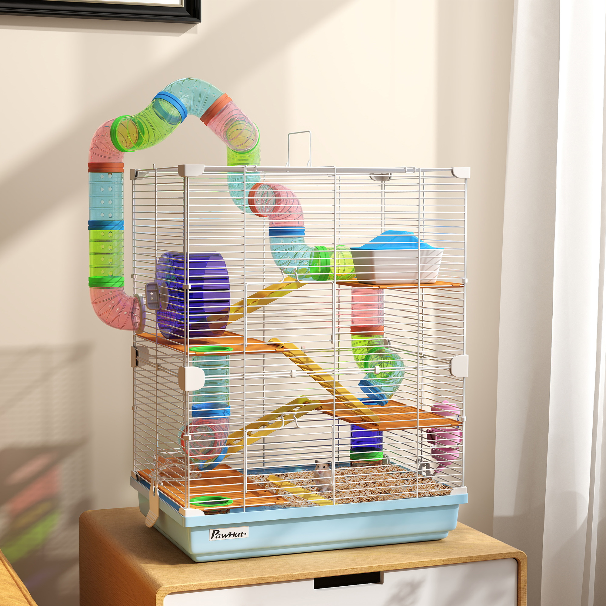 5 Tiers Hamster Cage Portable Animal Travel Carrier w/ Exercise Wheels Tube, Light Blue — imagen 1