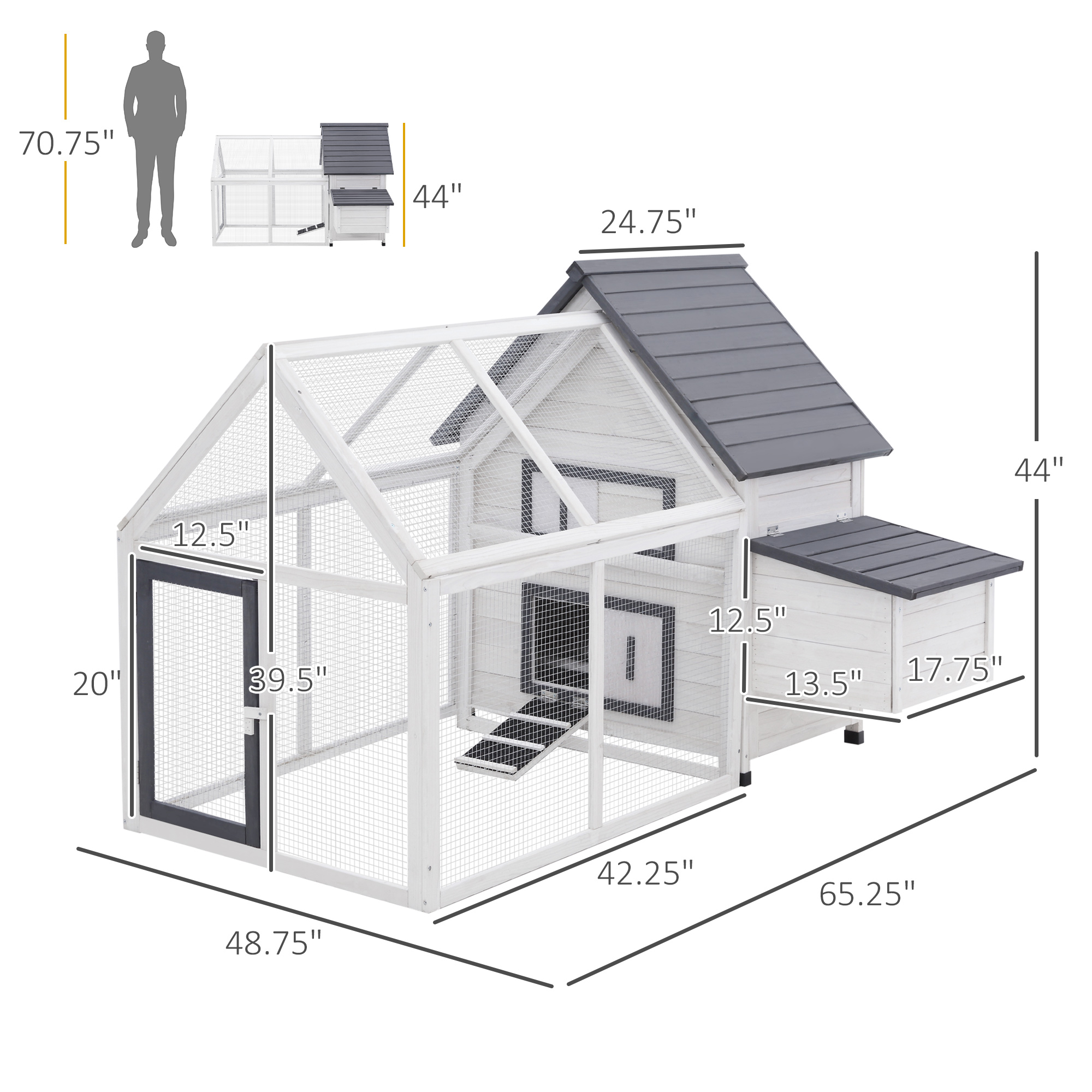 Gallinero de Madera de 65" con Corral Desmontable, Casa de Gallinas para Exterior, Jaula Avícola con Nido, Bandeja Extraíble, Barras para Dormir y Rampa, para Jardín — imagen 4