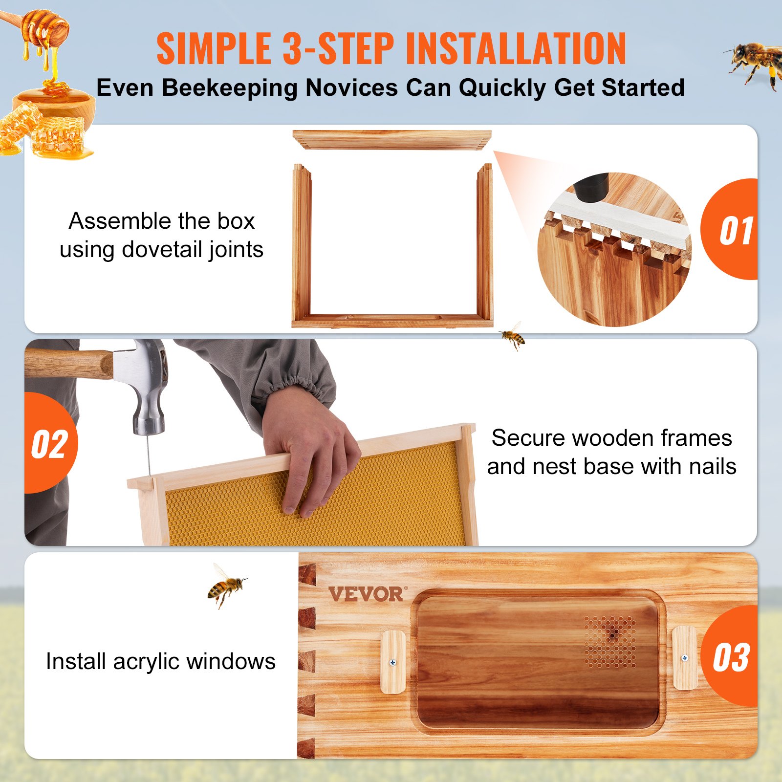 Bee Hive Medium Box Starter Kit, 100% Beeswax Coated Natural Cedar Wood, Langstroth Beehive Kit With 10 Frames And Foundations, Transparent Acrylic Bee Windows For Beginners And Pro Beekeepers — image 3