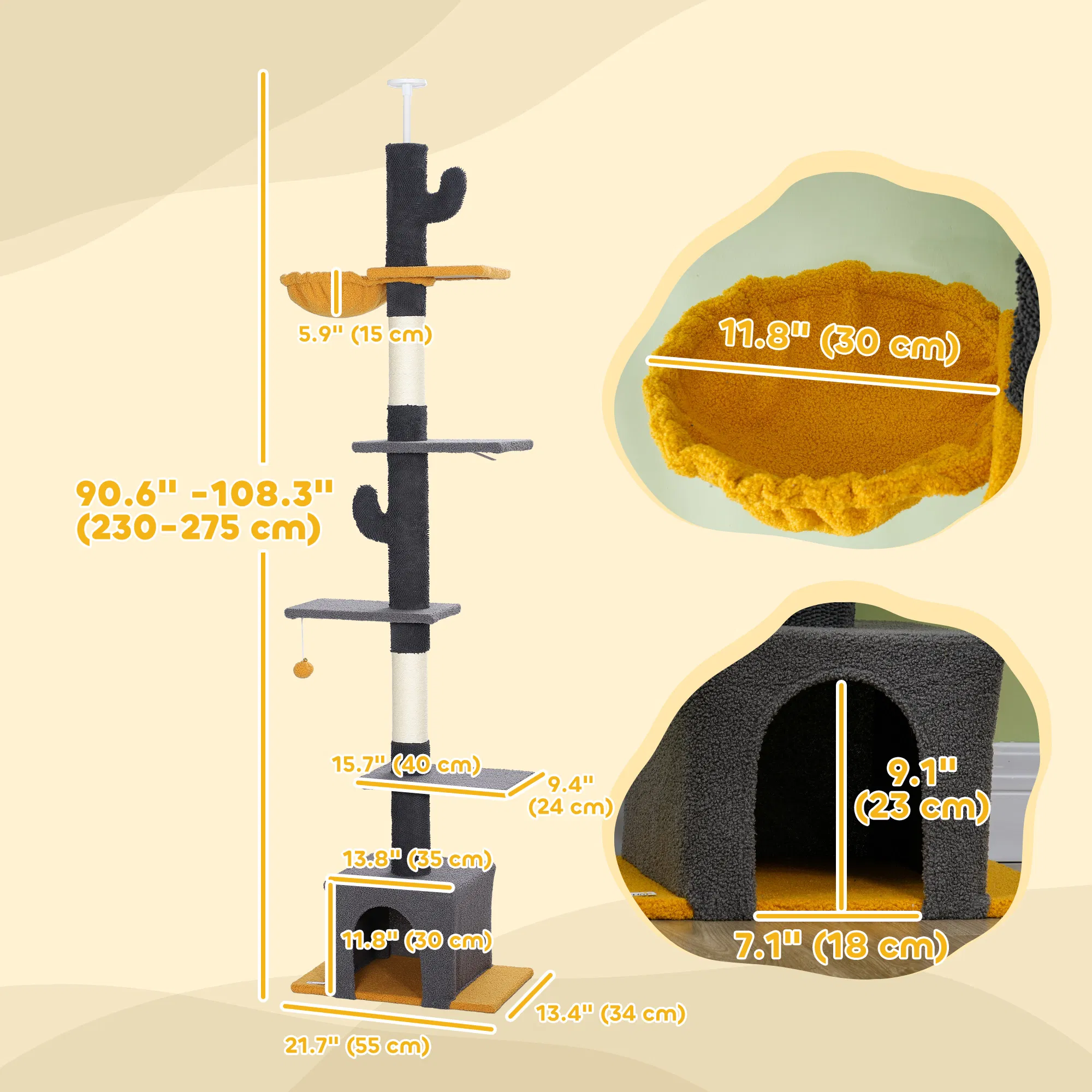 Floor to Ceiling Cat TreeTower with 90.5"-108" Adjustable Height, Scratching Posts, Hammock, Condo, Toy Ball, Dark Grey — image 3