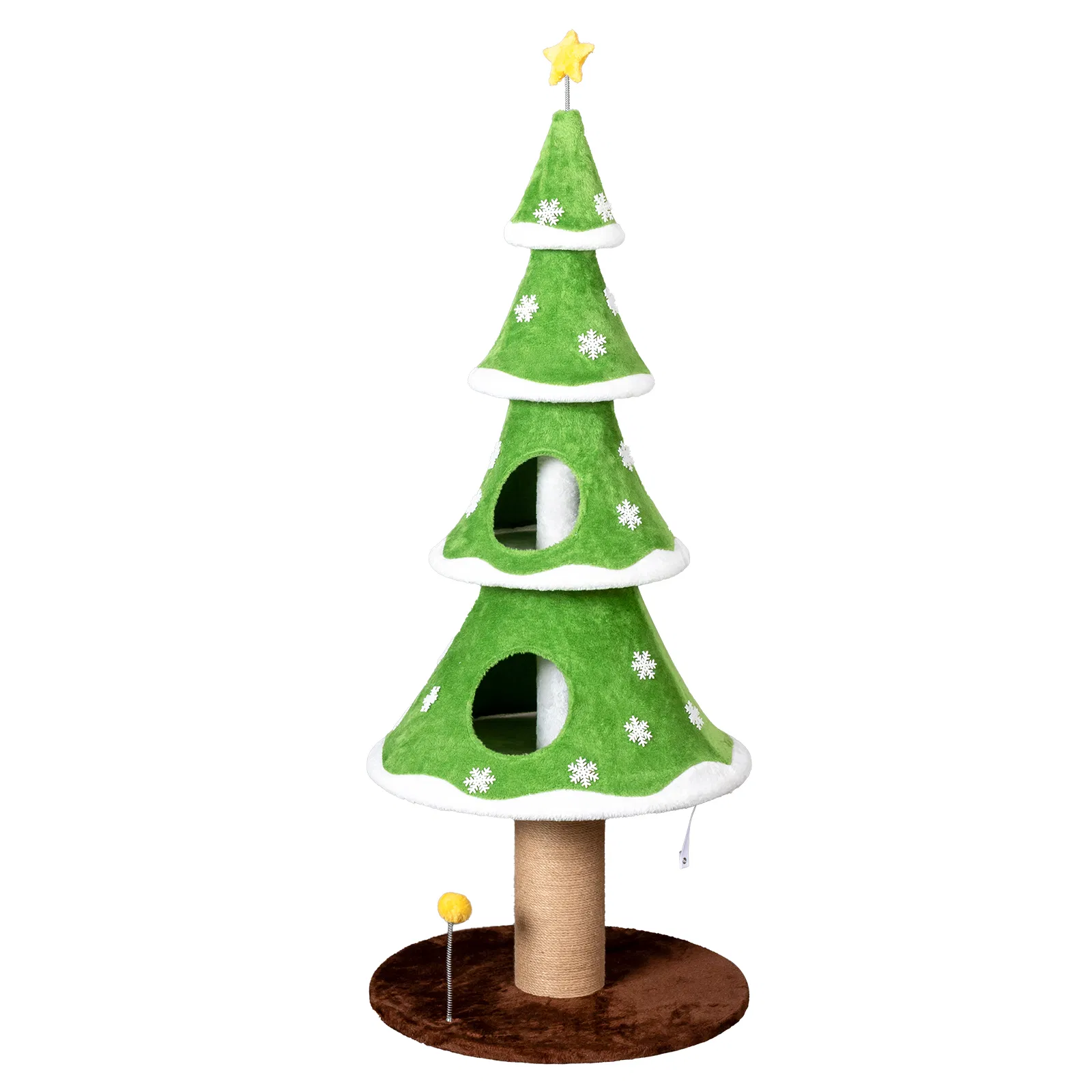 Large Tall Christmas Tree Cat Tower with 2 Cat Condos & Scratching Post, Soft Fleece Cat Tree with Teaser Toy & Sturdy Base & Built-in Openings for Indoor Cats, Green & White — image 3