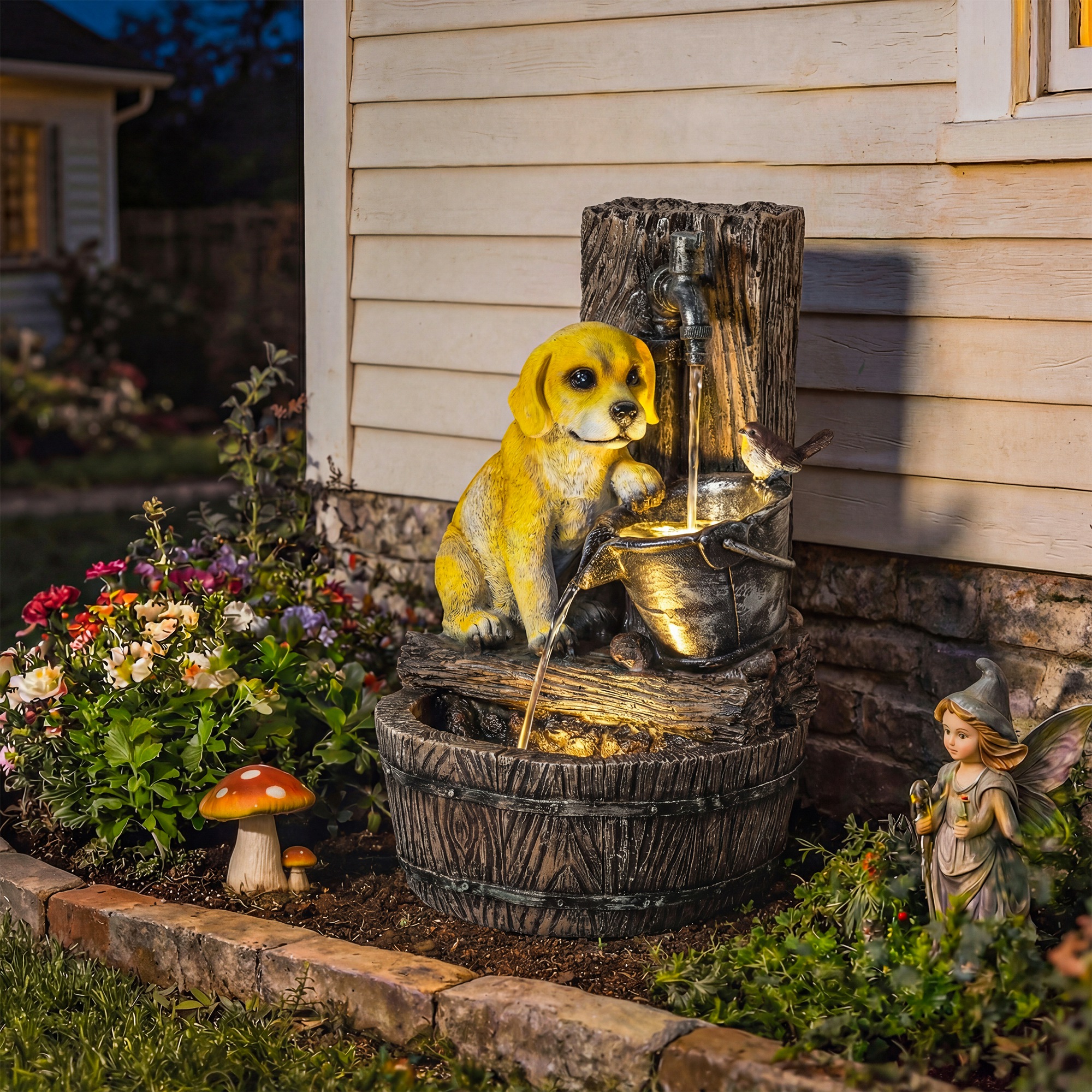 Fuente Exterior de 22" con Tema de Cachorro de 3 Niveles, Fuente de Jardín de Resina con Luces LED, Flujo Ajustable, Marrón Rústico — imagen 1