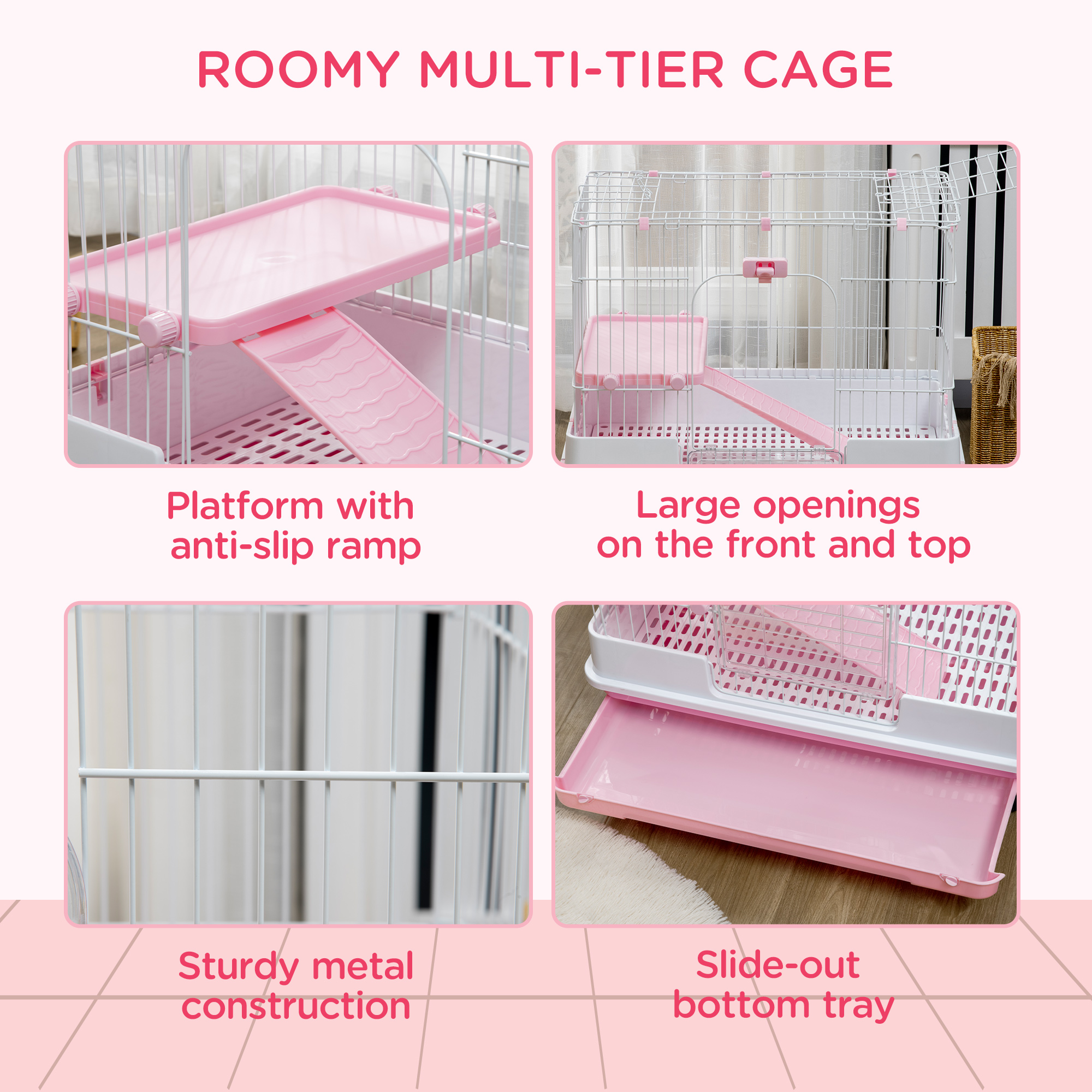 2-Level Small Animal Cage Rabbit Hutch with Wheels, Removable Tray, Platform and Ramp for Bunny, Chinchillas, Ferret, Pink — imagen 6