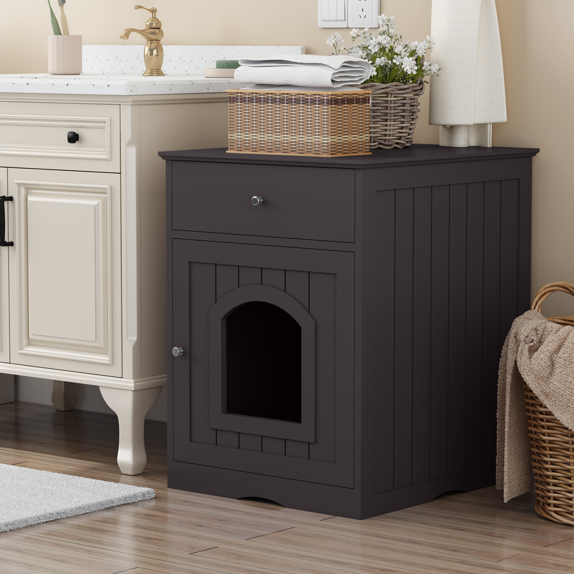 Casa de Madera para Mascotas con Caja de Arena y Cajón, Mesa Lateral, Jaula para Interior, Hogar para Gatos Noche, Marrón — imagen 4