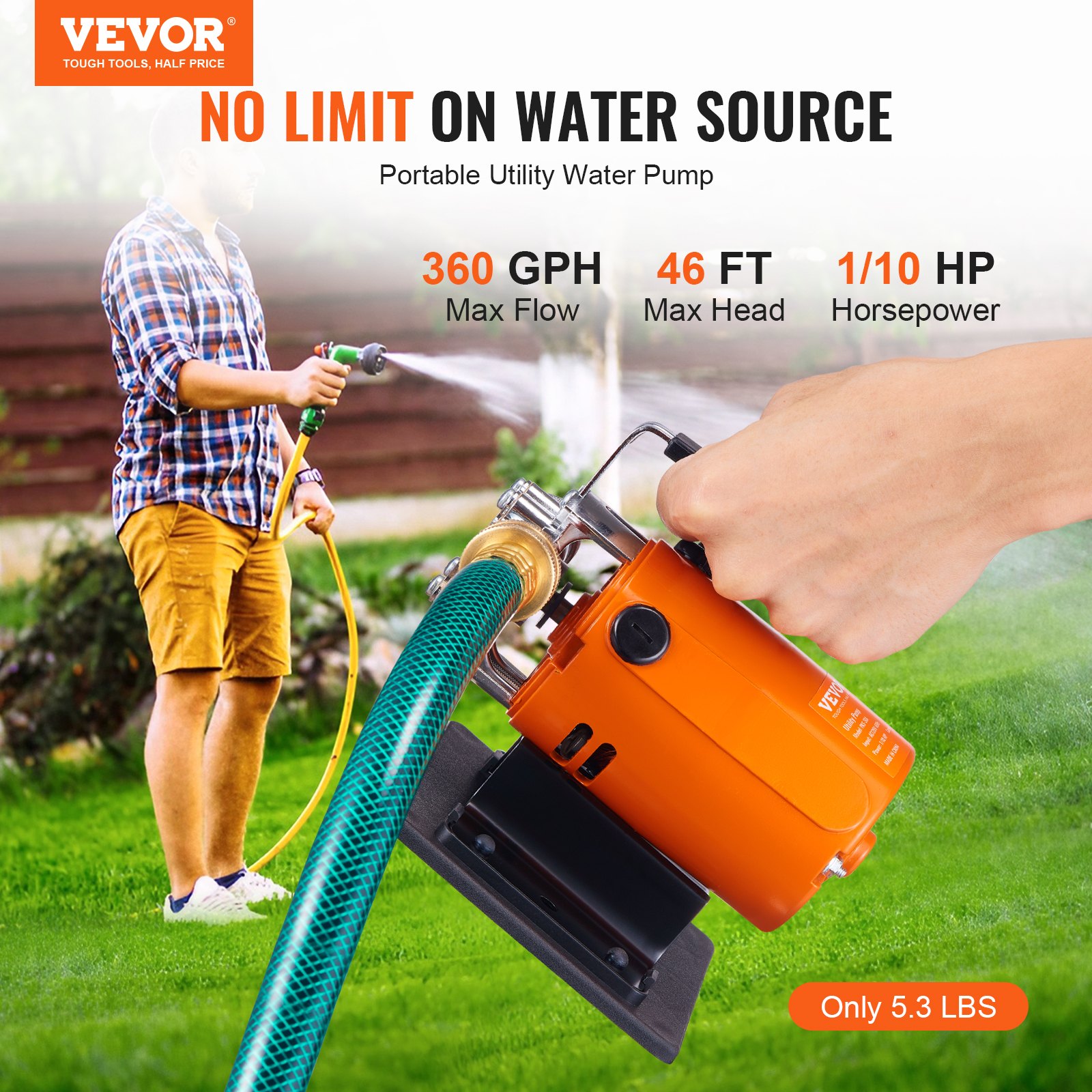 Pompa de Transferencia de Agua, 120V AC 360 GPH 1/10 CV, Pompa Eléctrica Portátil con Kit de Manga de Succión de 6 pies, Cuchillas de Carbono, Impulsor, Trapero de Succión, para Jardín, Barril de Lluvia, Piscina, Estanque Acuático — imagen 4