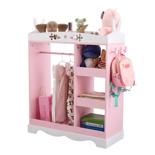 Armario de Niños Rosa con Diseño Orejas de Conejo; MDF + Partículas de Madera, 1 Espejo, 3 Estantes y 1 Percha para Ropa — imagen 2