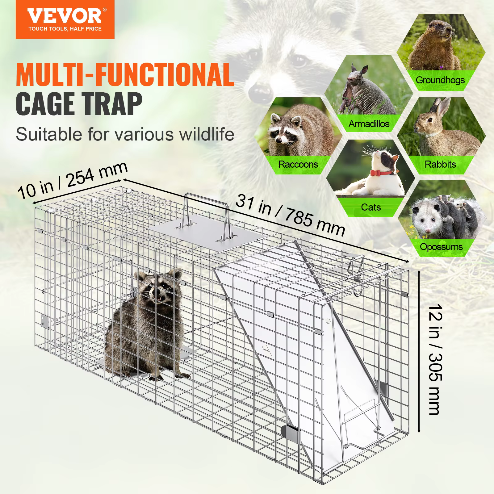 SucceBuy 24/31/42/50in Animal Cage Trap Folding Humane Cat Trap Galvanized Iron with Handle for Rabbits Squirrels Groundhogs — image 2