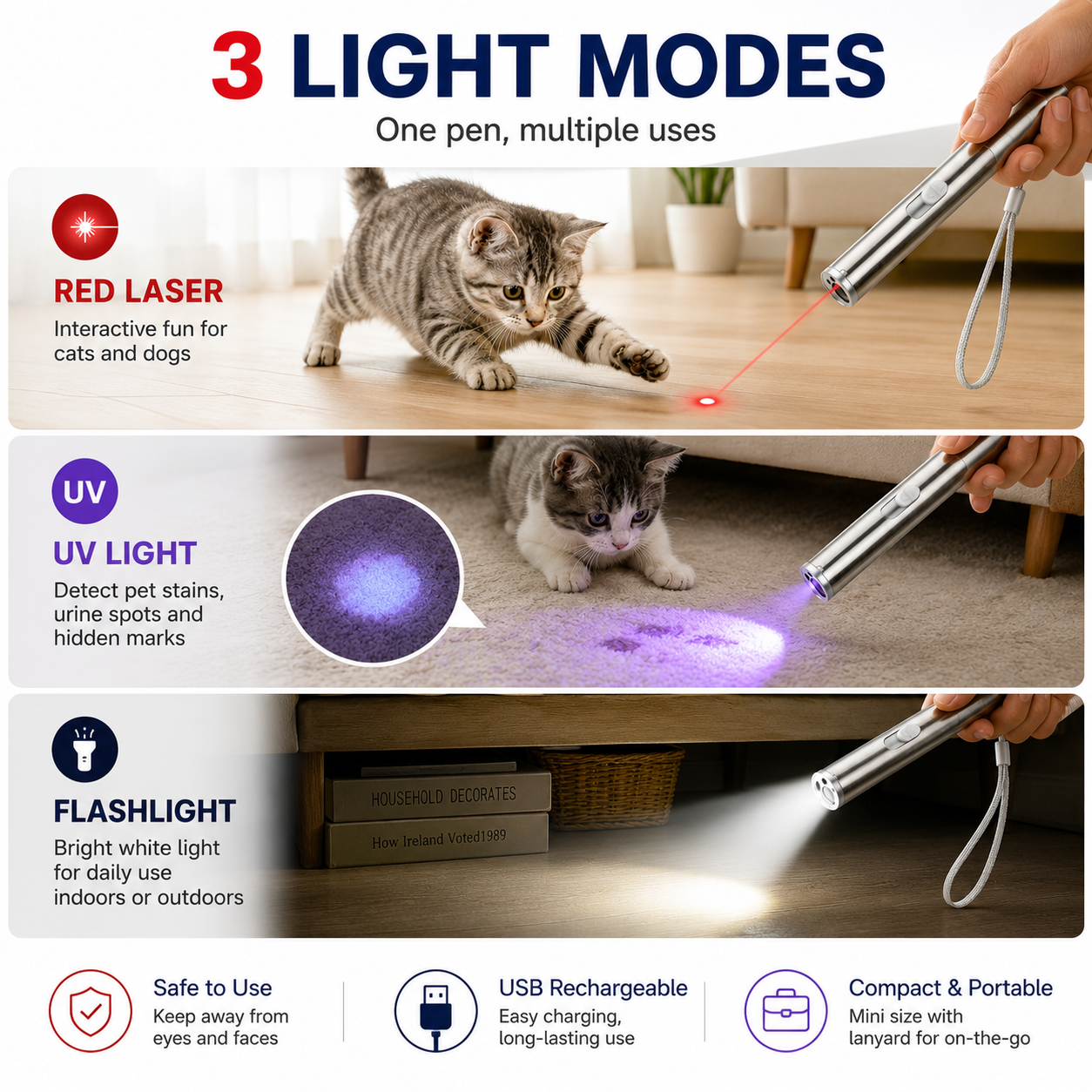 3-in-1 Pet Laser Pointer For Cats & Dogs, Cat Laser Pointer, USB Rechargeable Pet Toy With Red Laser, UV Light & LED Flashlight, Interactive Cat Toy For Indoor Play, Portable Multi-Function Light Pen — image 5