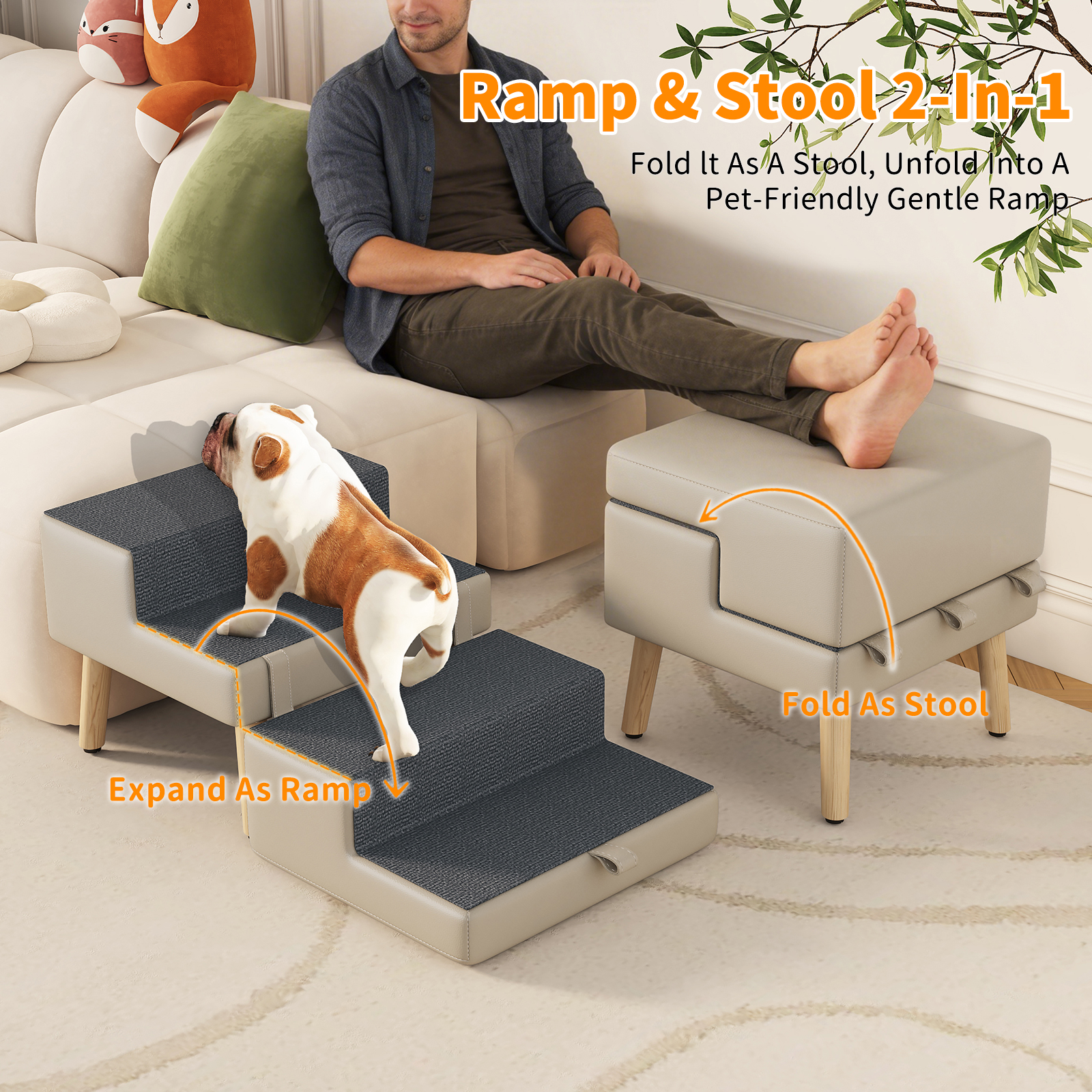 4-Step Ottoman Dog Stairs, 2-in-1 Foldable Pet Ramp for Bed, Dog Ramp for Small Puppy and Cats, Sturdy Wood Frame Support with Non-slip walking surface, Holds Up To 220lbs ( Light Grey Color ) — image 21