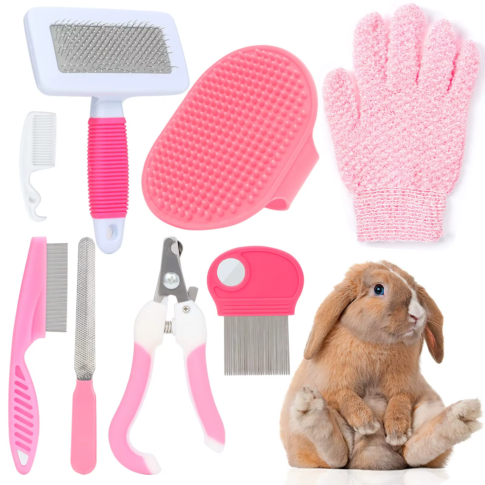 8-Piece Small Animal Pink Grooming Set Rabbit Grooming Kit with Pet Nail Clippers, Nail File, and Flea Comb — image 1